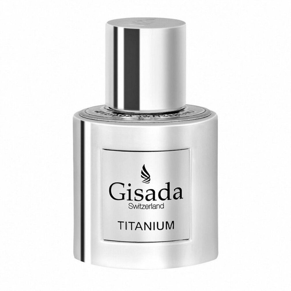 Gisada Titanium EdP Nat. Spray: Silberner Flakon mit silbernem Verschluss und Etikett.