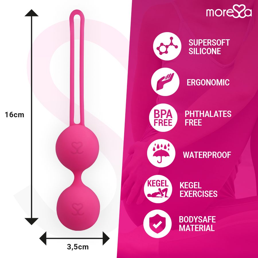 Rosafarbene Kugeln mit Schlaufe. Maße: 16cm lang, 3,5cm breit. Text: SUPERSOFT SILICONE, ERGONOMIC, BPA FREE, PHTHALATES FREE, WATERPROOF, KEGEL EXERCISES, BODYSAVE MATERIAL.