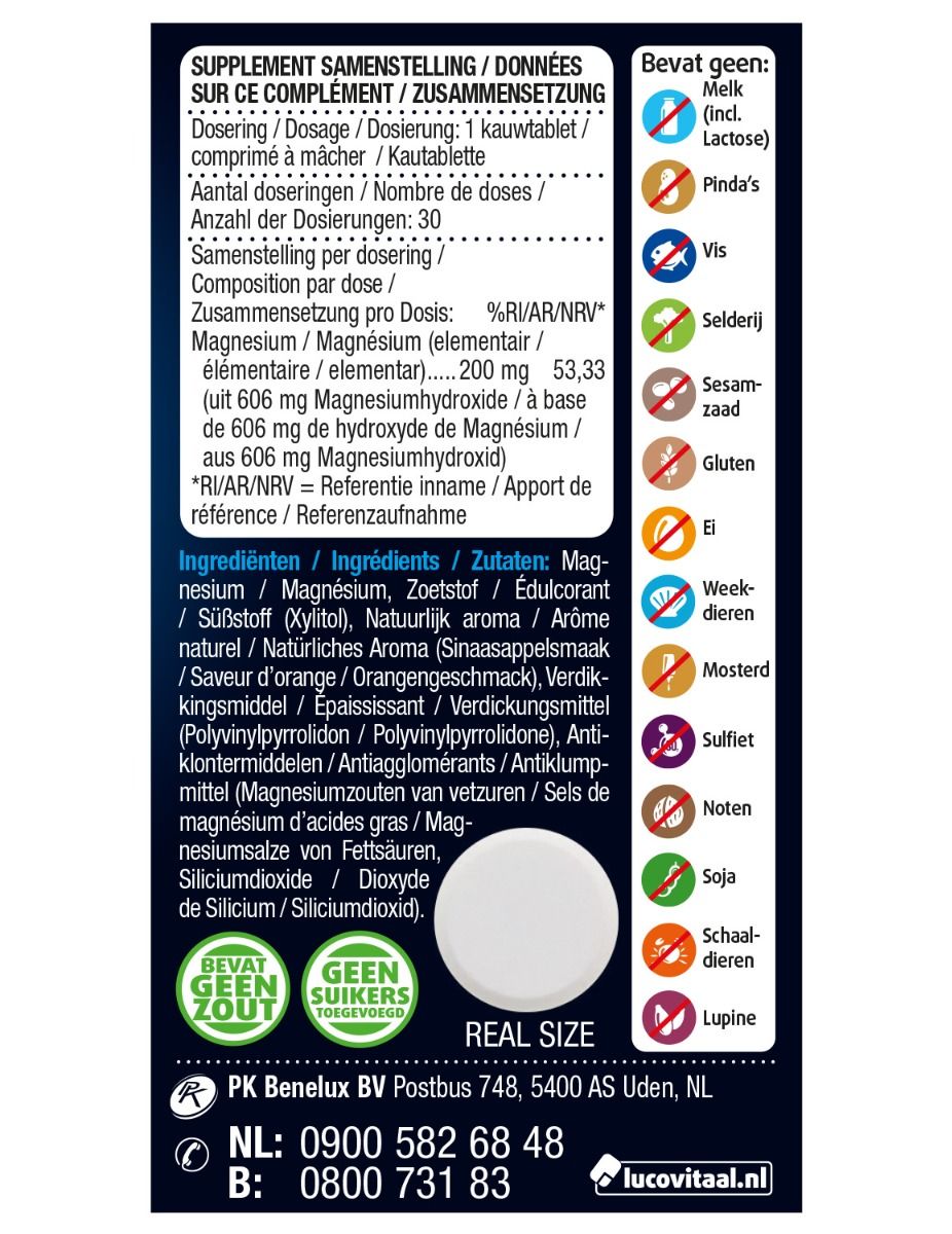 Rückseite der Verpackung von Pure Marine Magnesium Kautabletten. Enthält Informationen zu Inhaltsstoffen, Dosierung und Allergenen. Vegan.
