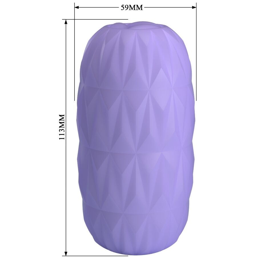 Violett Masturbator mit geometrischem Muster. Abmessungen: 113mm x 59mm.