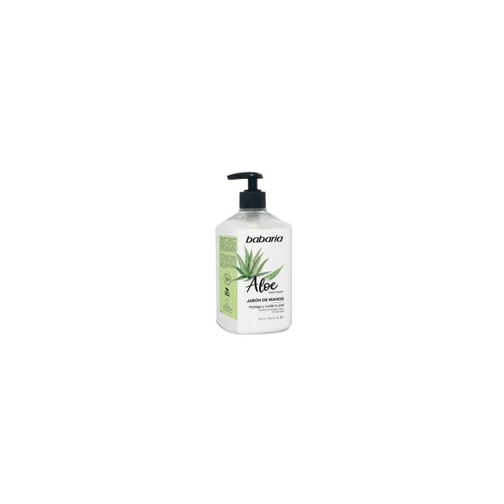 Weißer Spender mit schwarzem Pumpkopf. Text: Babaria, Aloe, Jabón de manos. Aloe Vera-Blatt-Illustration.