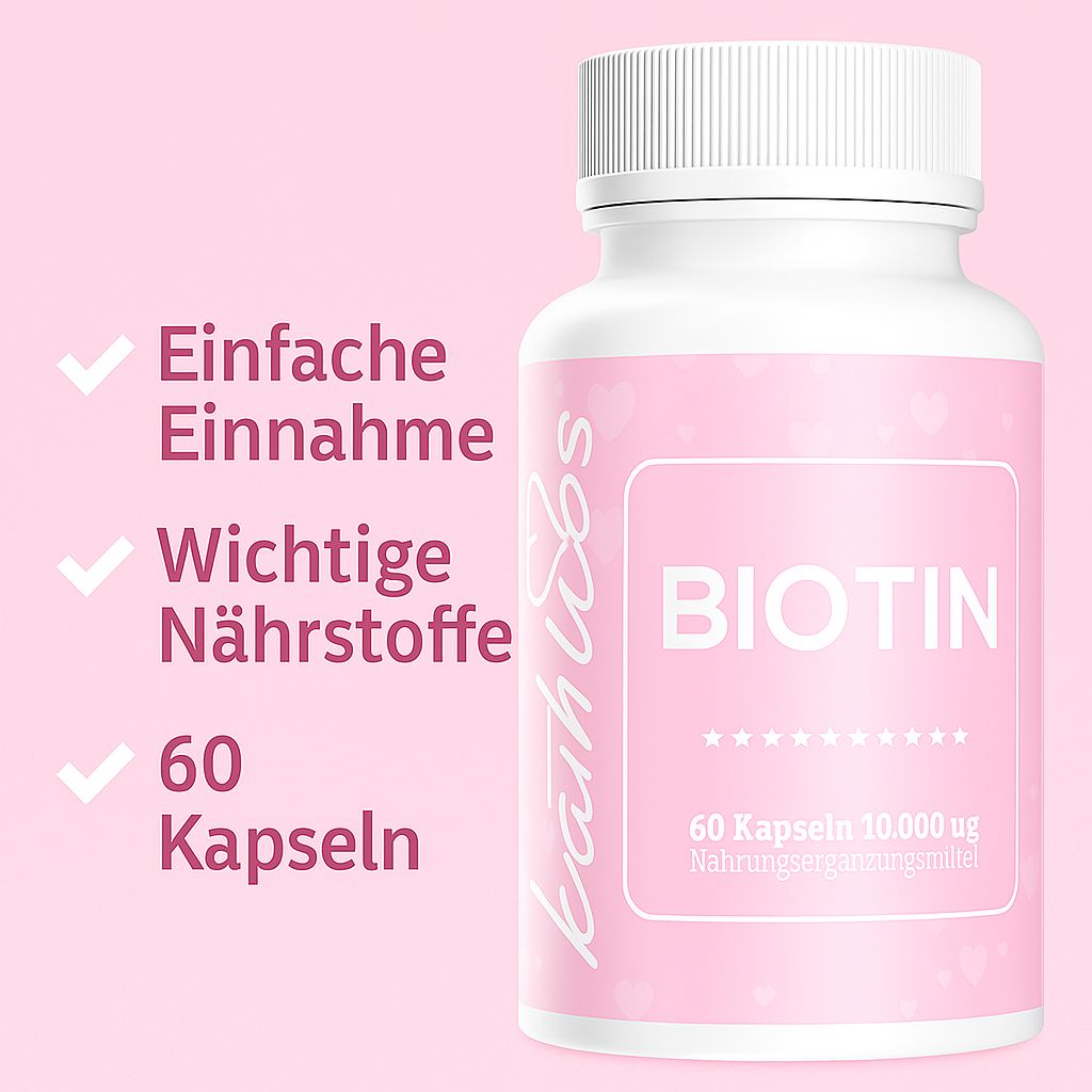 Weiße Flasche mit rosa Etikett. Aufschrift: BIOTIN, 60 Kapseln, 10.000 ug. Marke: Kathless. Text: Einfache Einnahme, wichtige Nährstoffe, 60 Kapseln.