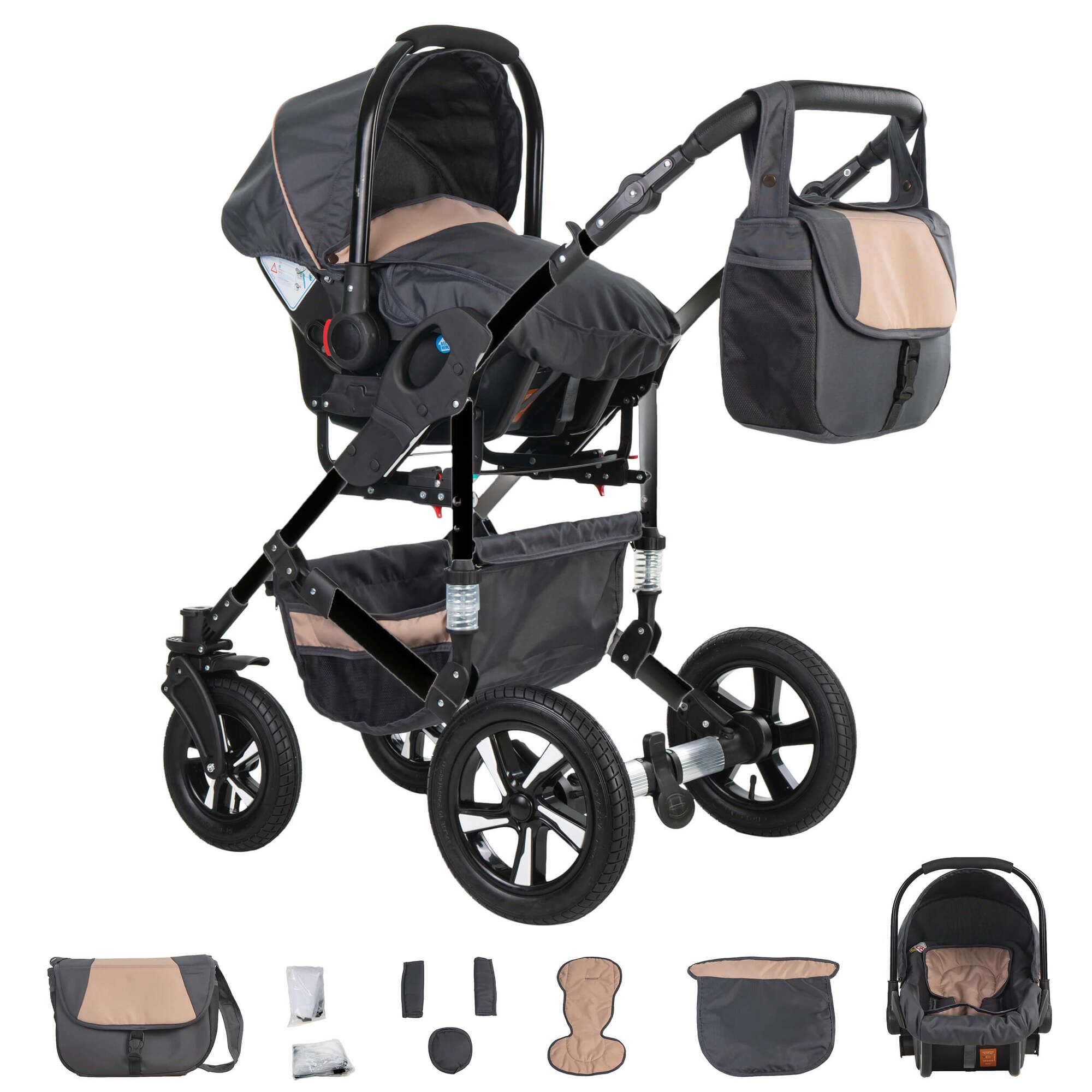 Friedrich Hugo Münster 4 in 1 Kinderwagen Komplettset ISOFIX Basis Hartgummireifen, Grey & Beige