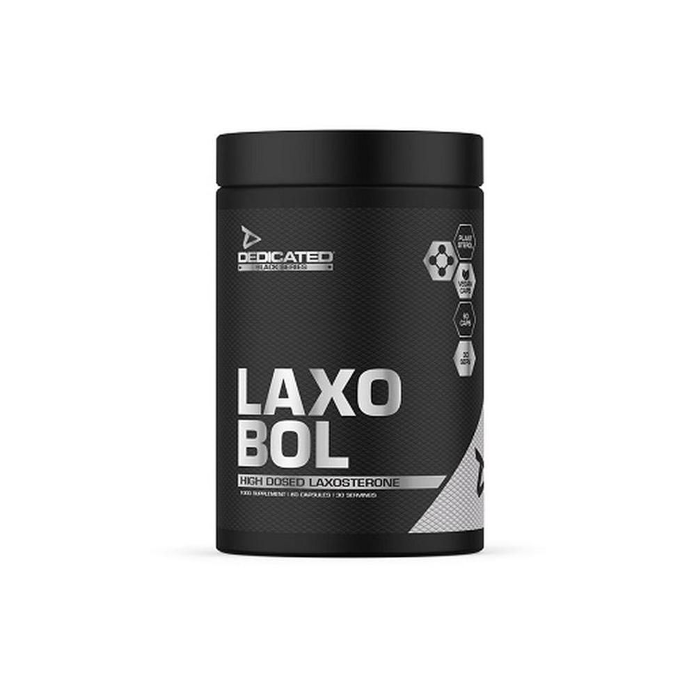 Schwarze Dose mit weißer Aufschrift LAXO BOL und Markennamen DEDICATED. Enthält Kapseln. Aufschrift: HIGH DOSED LAXOSTERONE.