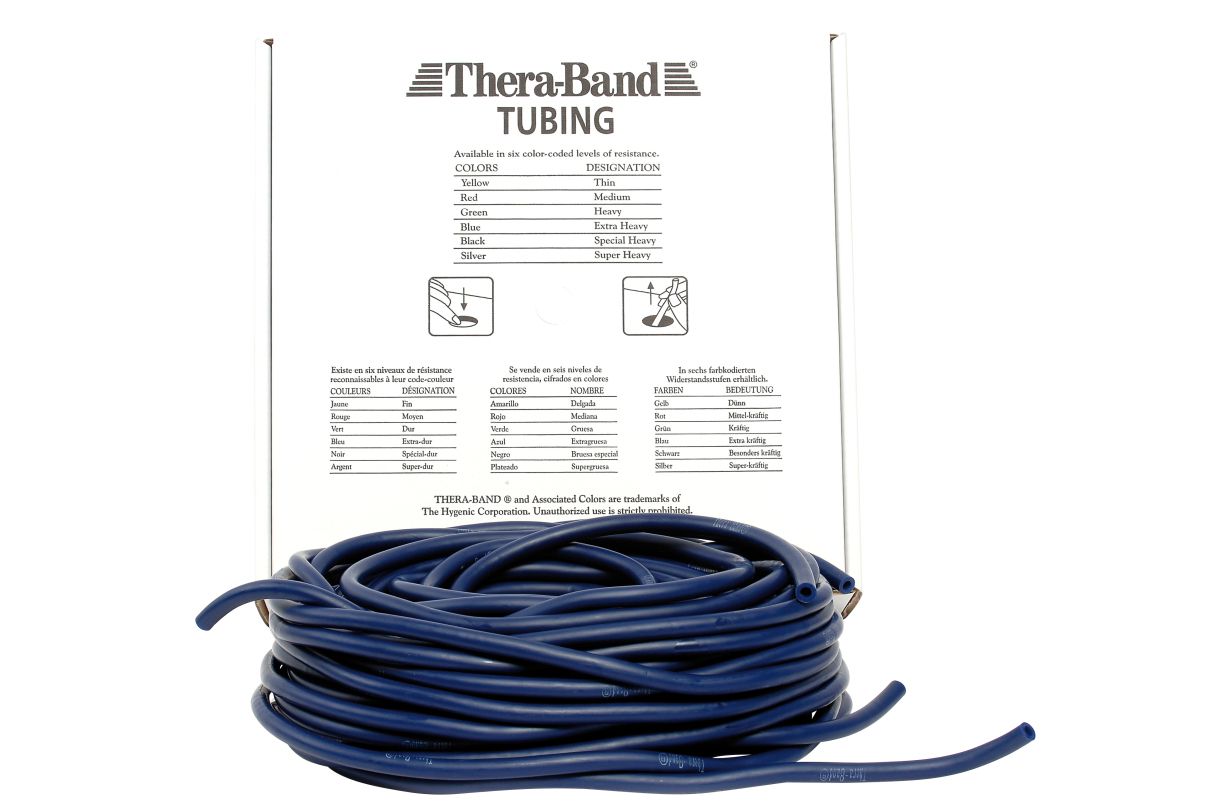 Blaues Thera-Band Tubing, aufgerollt. Auf der Verpackung steht "Thera-Band TUBING".