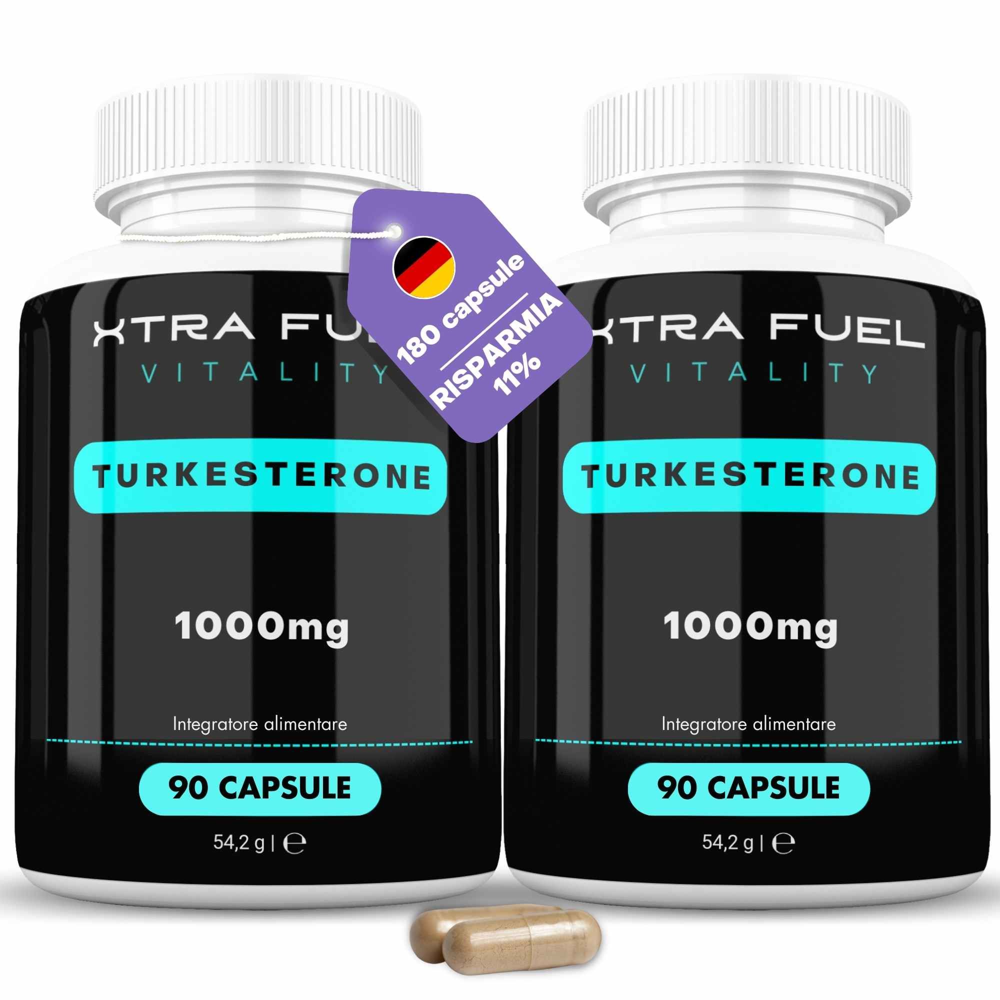 Zwei Flaschen XTRA FUEL Turkesterone Kapseln. Jede Flasche enthält 90 Kapseln. Ein Etikett zeigt 180 Kapseln und 11% Rabatt.