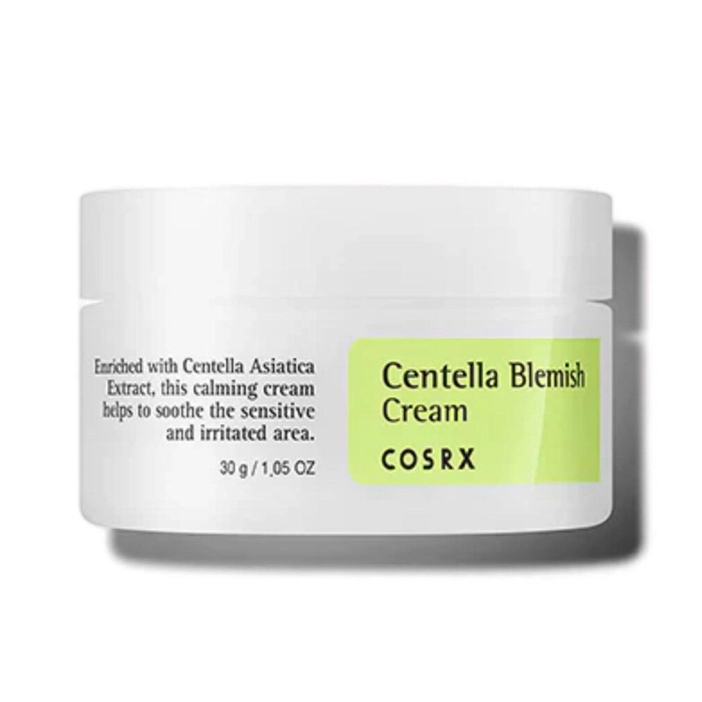 COSRX Centella Blemish Cream Tiegel, weiß mit grünem Etikett, auf weißem Grund.