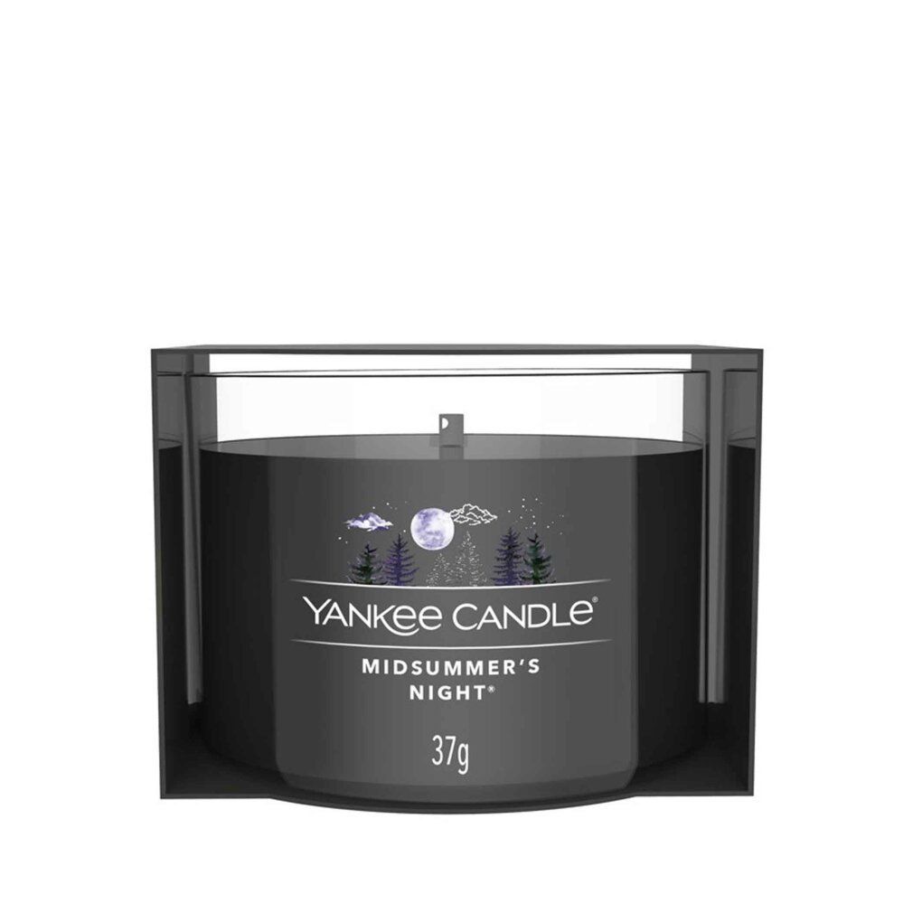 Votivkerze im Glas. Schwarzes Glas mit Aufdruck. Marke Yankee Candle, Aufschrift Midsummer's Night, 37g.