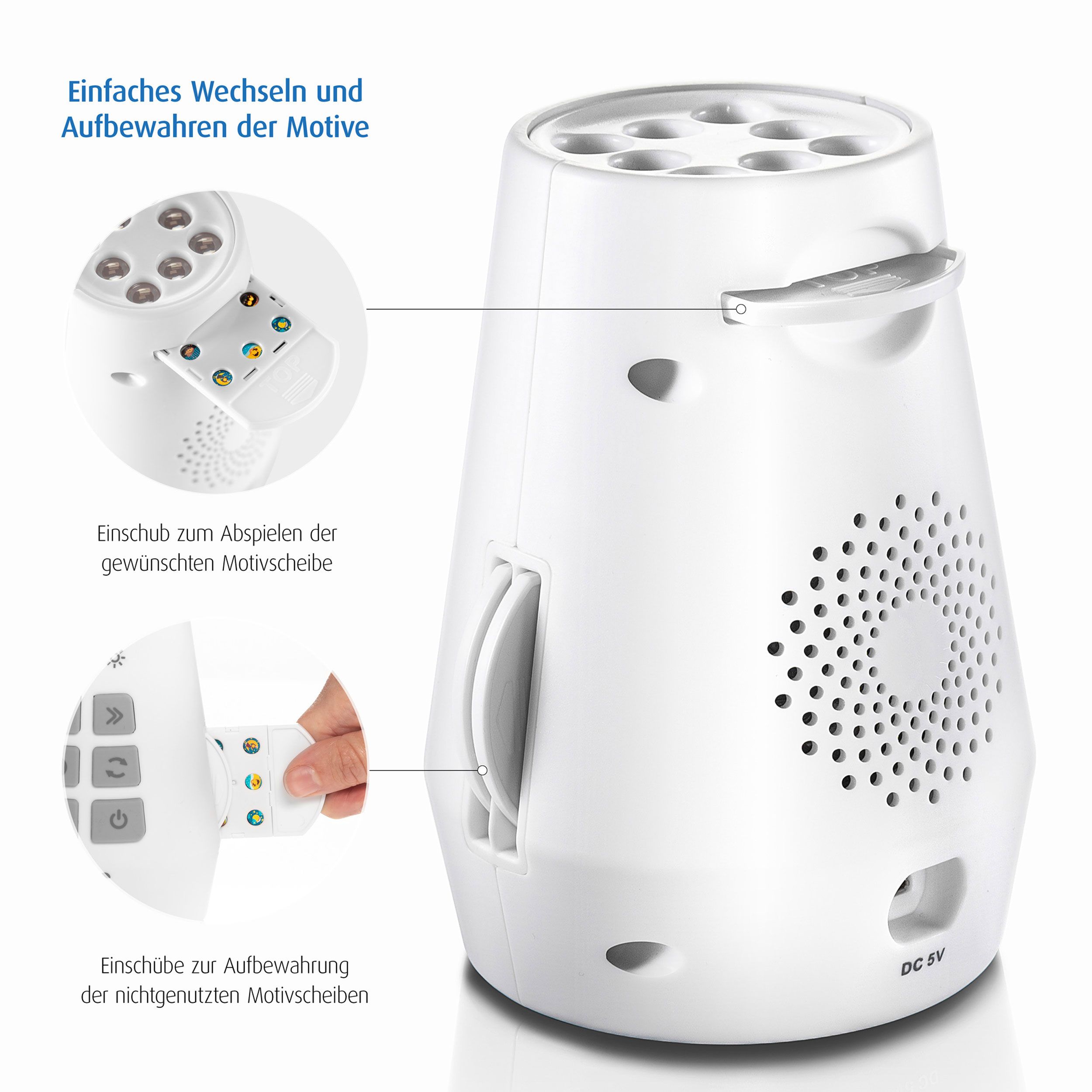 Weißer Projektor mit Griff und Fernbedienung. Seitliche Ansicht mit Details zu Motiven und Fernbedienung.