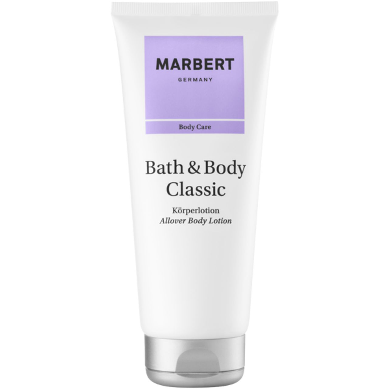 Weisse Tube mit lila Rechteck und Schriftzug MARBERT. Darunter: Bath & Body Classic Körperlotion.
