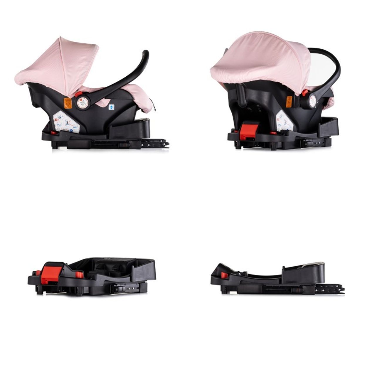 Babyschale mit Basis in Rosa und Schwarz. Vier Ansichten zeigen die Schale und die Basis separat.