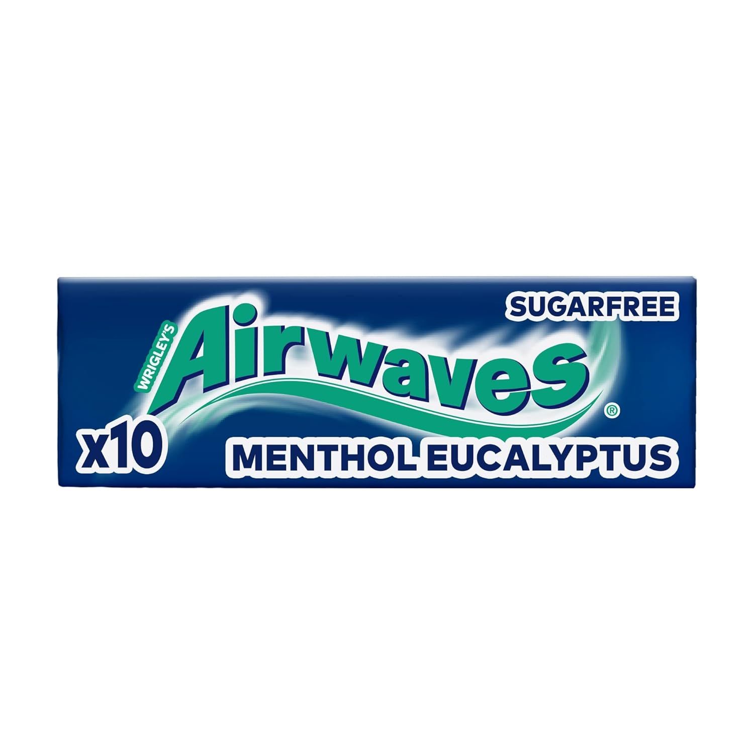 AIRWAVES-Packung. Blaue Verpackung mit 'Airwaves', 'Menthol Eucalyptus' und 'Sugarfree'. Enthält 10 Kaugummis.