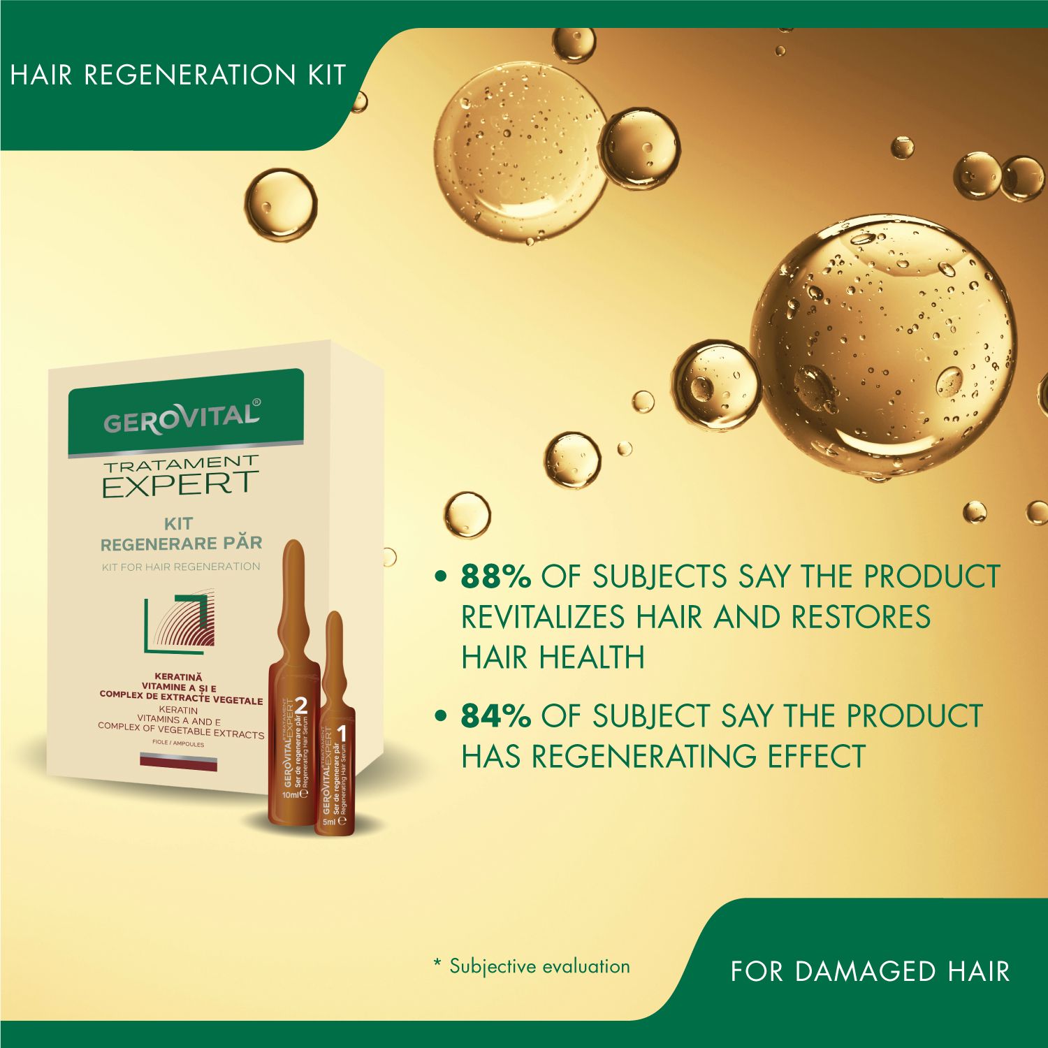 Gerovital Expert Kit mit zwei Ampullen. Text: 88% sagen, das Produkt revitalisiert das Haar. Für geschädigtes Haar.