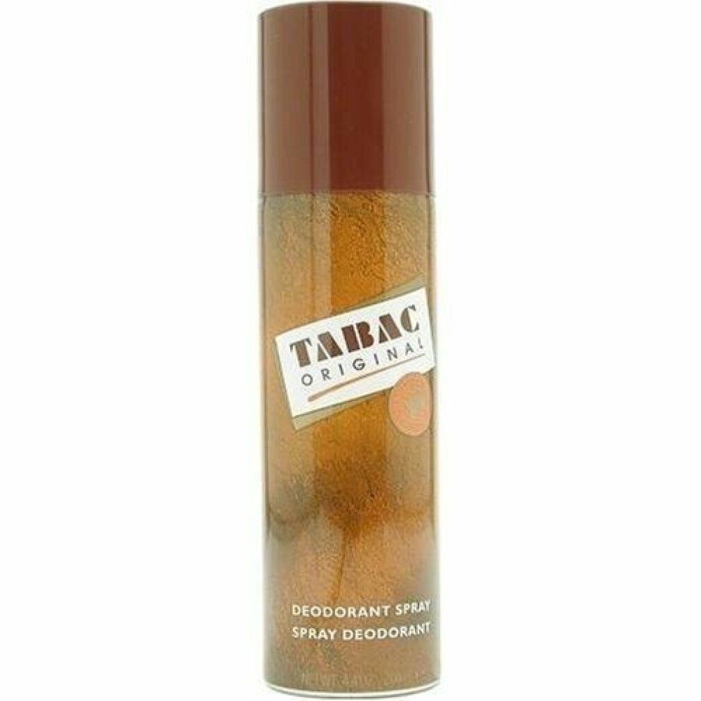 Tabac Original Deodorant-Spray. Braune Kappe, orangefarbener Korpus. Aufschrift: Tabac Original, Deodorant Spray.