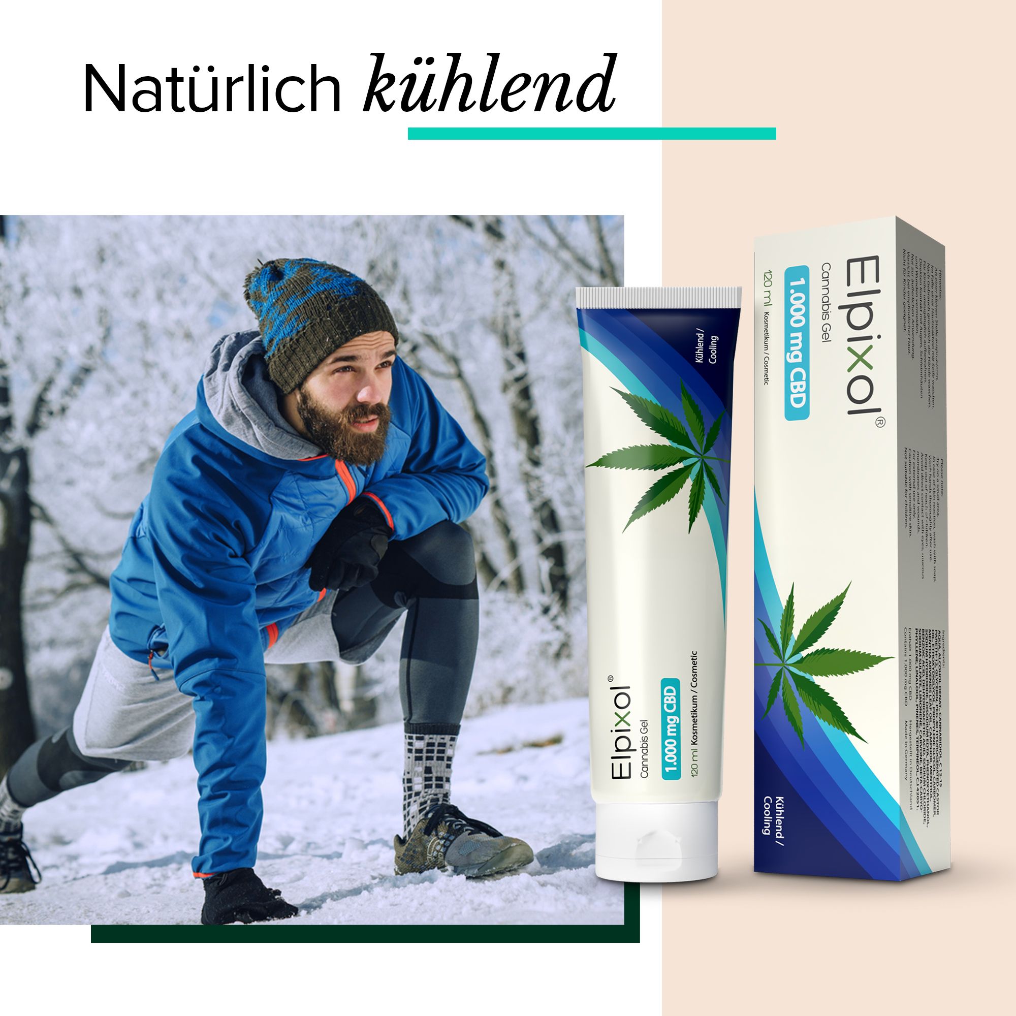 Ein Mann beim Dehnen im Winter. Neben ihm eine Tube und eine Schachtel mit "Elpixol Cannabis Gel 1.000 mg CBD".