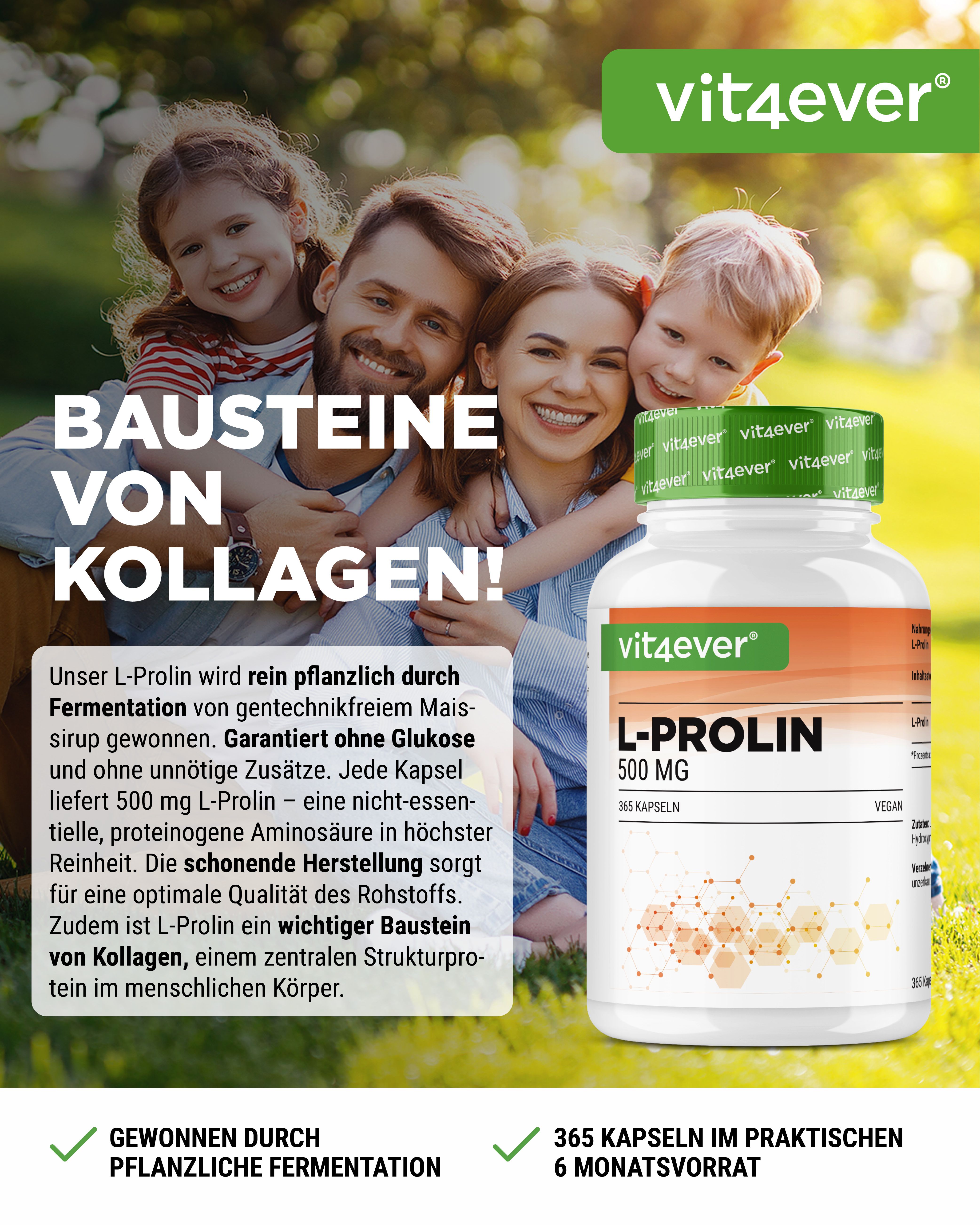 Vit4ever L-Prolin, 365 Kapseln. Flasche mit Kapseln, Text: L-Prolin 500 mg, vegan. Hintergrund: Familie im Freien.
