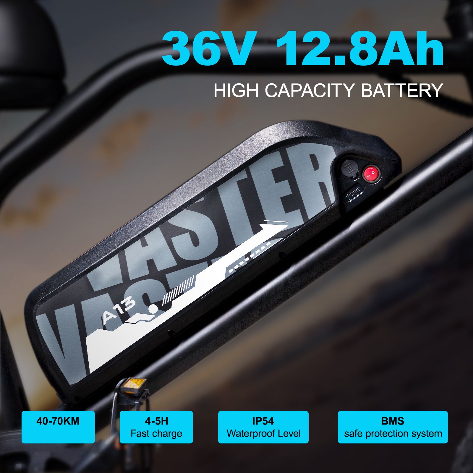 E-Bike-Akku mit Aufschrift VASTER A13. 36V 12,8Ah. Merkmale: 40-70KM Reichweite, 4-5H Schnellladung, IP54, BMS.