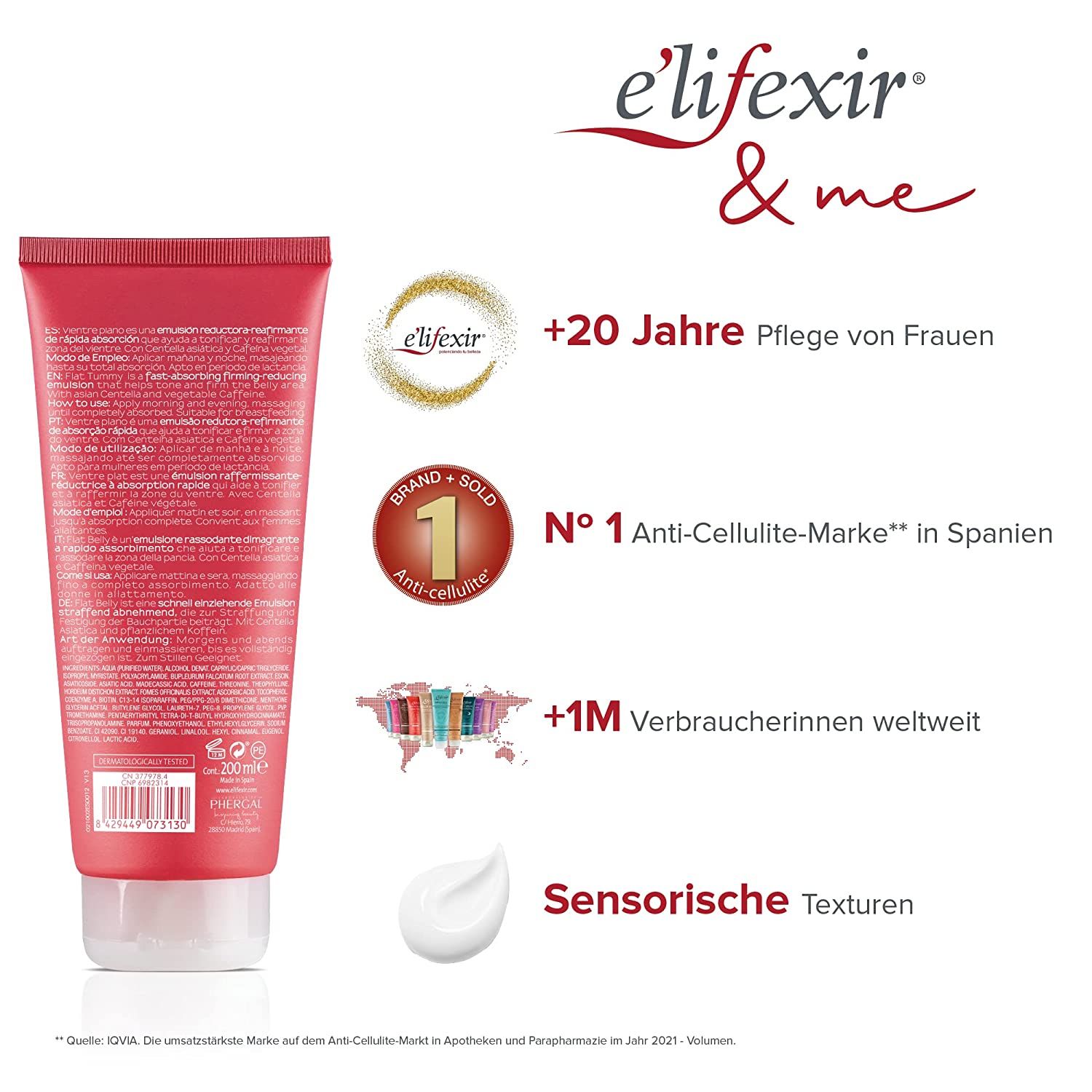 Rote Tube mit Produktinformationen. Logos: Elifexir, Anti-Cellulite-Marke Nr. 1 in Spanien, +1M Verbraucher weltweit, Sensorische Texturen.