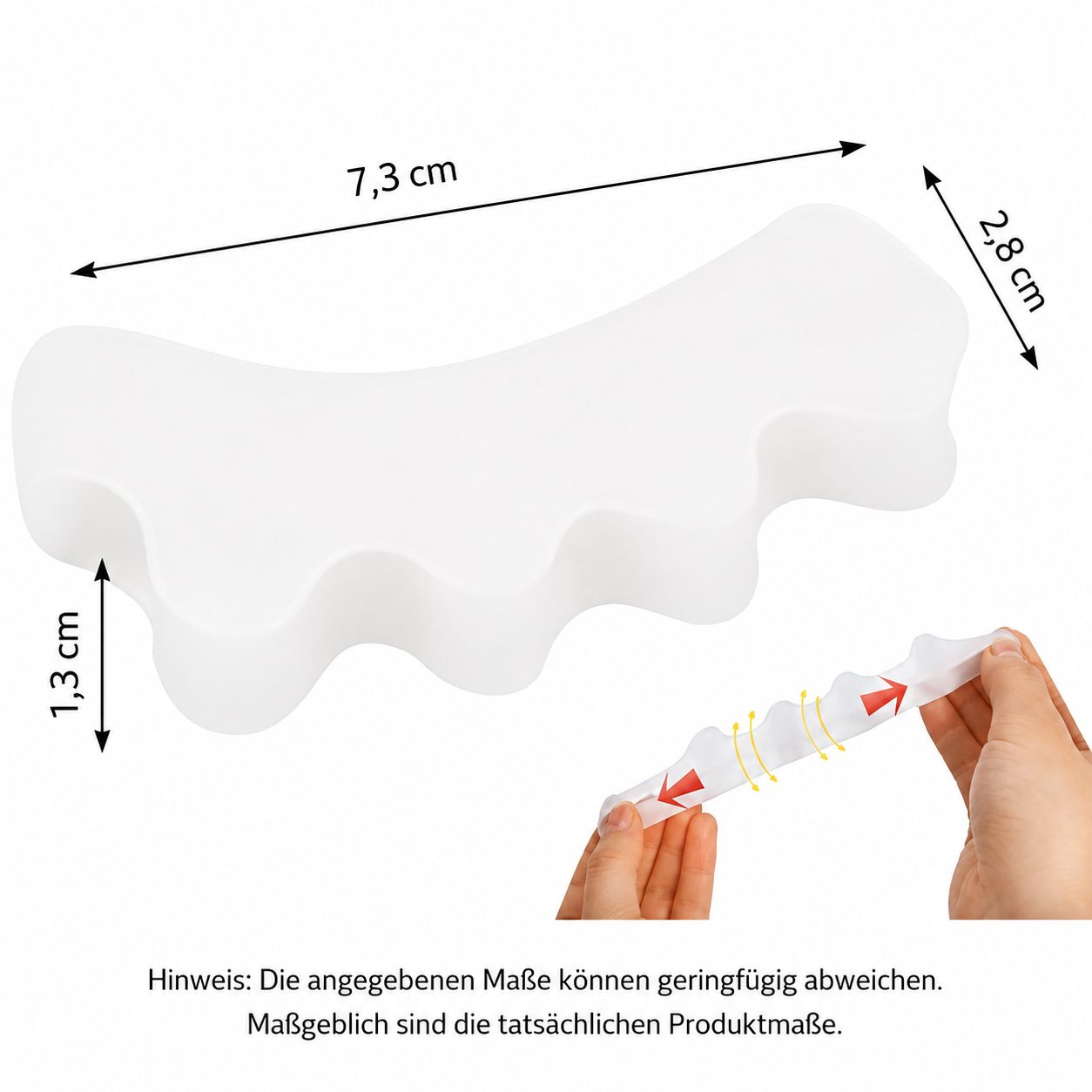 Ein weißer Silikon-Zehentrenner mit Maßen: 7,3 cm Länge, 2,8 cm Breite, 1,3 cm Höhe.