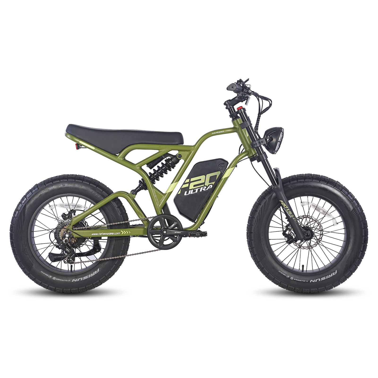 Grünes Elektro-Dirtbike mit schwarzen Reifen und Sattel. Auf dem Rahmen steht "F20 ULTRA".