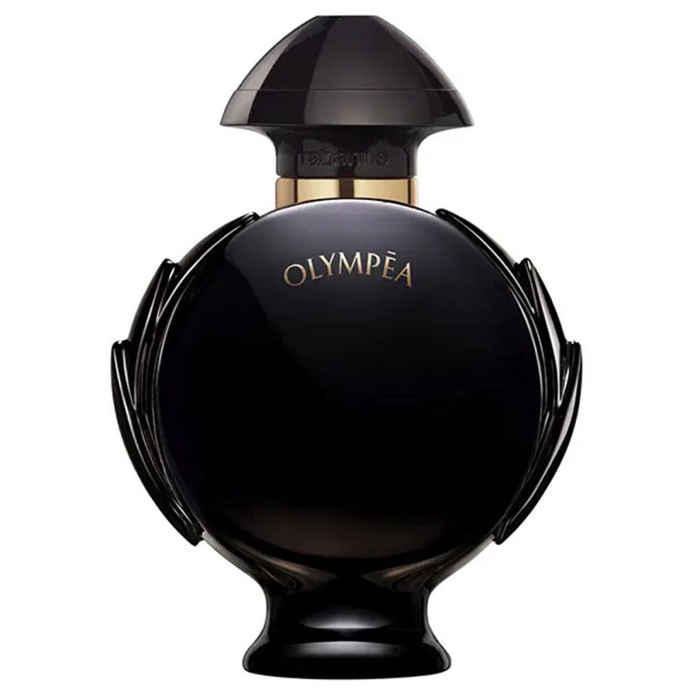 Schwarzer Flakon mit goldfarbenem Verschluss und Schriftzug. Runde Form mit dekorativen Elementen.