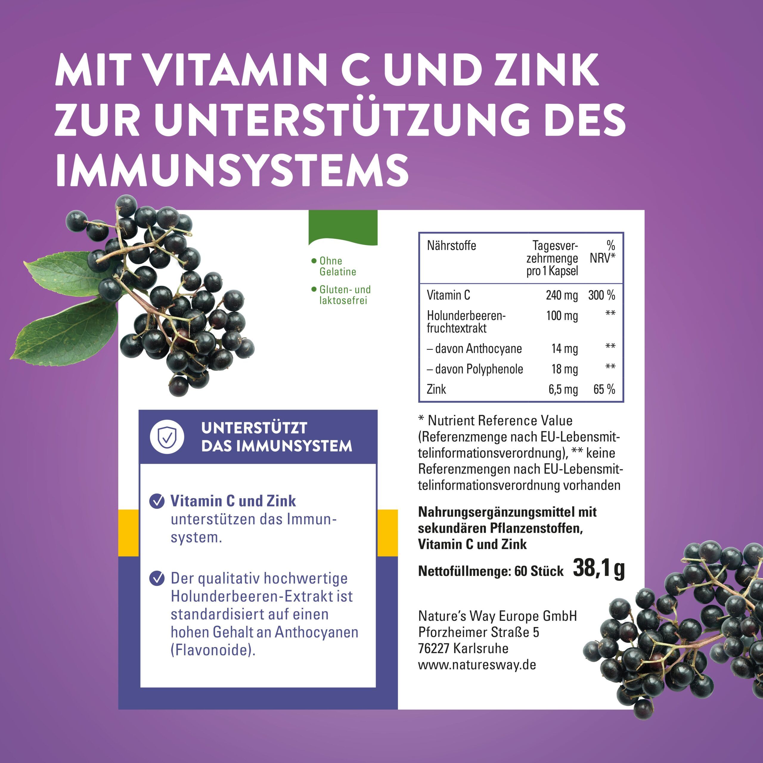 Holunderbeeren und Blätter. Text: Mit Vitamin C und Zink zur Unterstützung des Immunsystems. Nährwerttabelle und Produktinformationen.