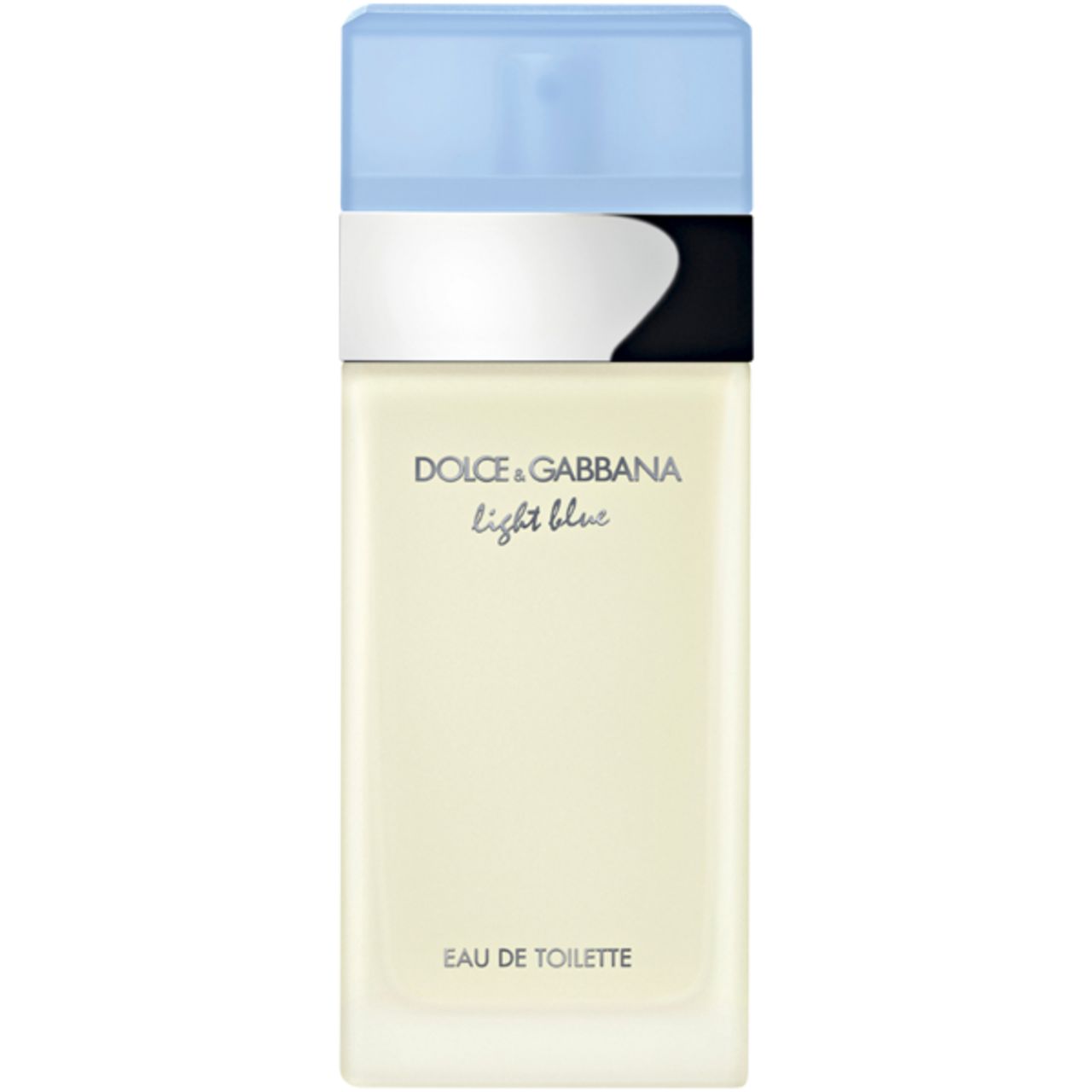 Dolce & Gabbana Light Blue E.d.T. Nat. Spray. Hellblauer Flakon mit hellblauer Kappe und silbernem Band. Nahaufnahme.