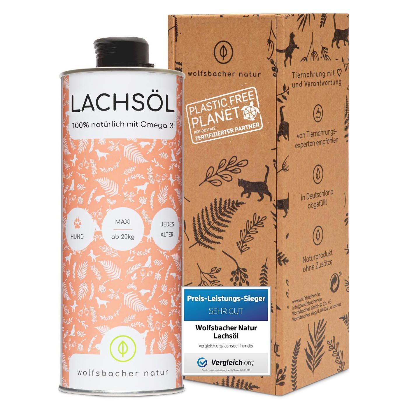 Zylindrische Dose Lachsöl mit Verpackung. Aufschrift: Wolfsbacher Natur, Lachsöl, 100% natürlich mit Omega 3. Karton mit Logo und Text.