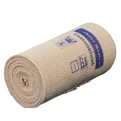 Gerollte Bandage. Beige. Aufgedruckter blauer Text: Cottonelast, Medizinische Produkte. Mit Zertifizierungen.