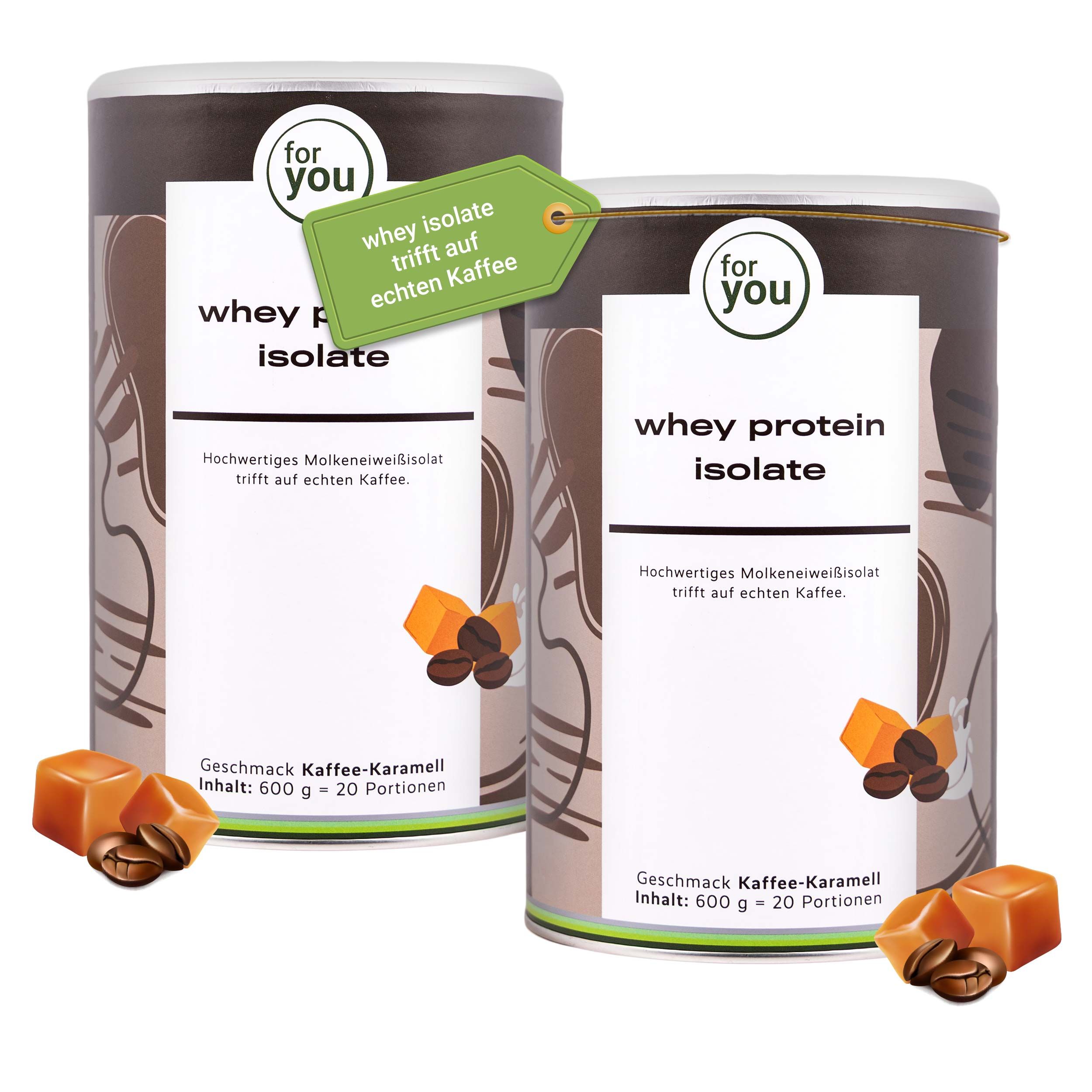 Zwei Dosen Molkenprotein-Isolat mit Kaffe-Karamell-Geschmack. 600g pro Dose.