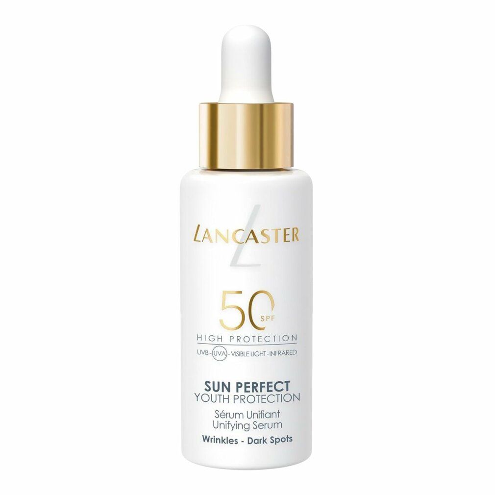 Weiße Flasche mit goldener Kappe und Pipette. Aufschrift: Lancaster, 50 SPF, Sun Perfect Youth Protection. Gegen Falten und dunkle Flecken.