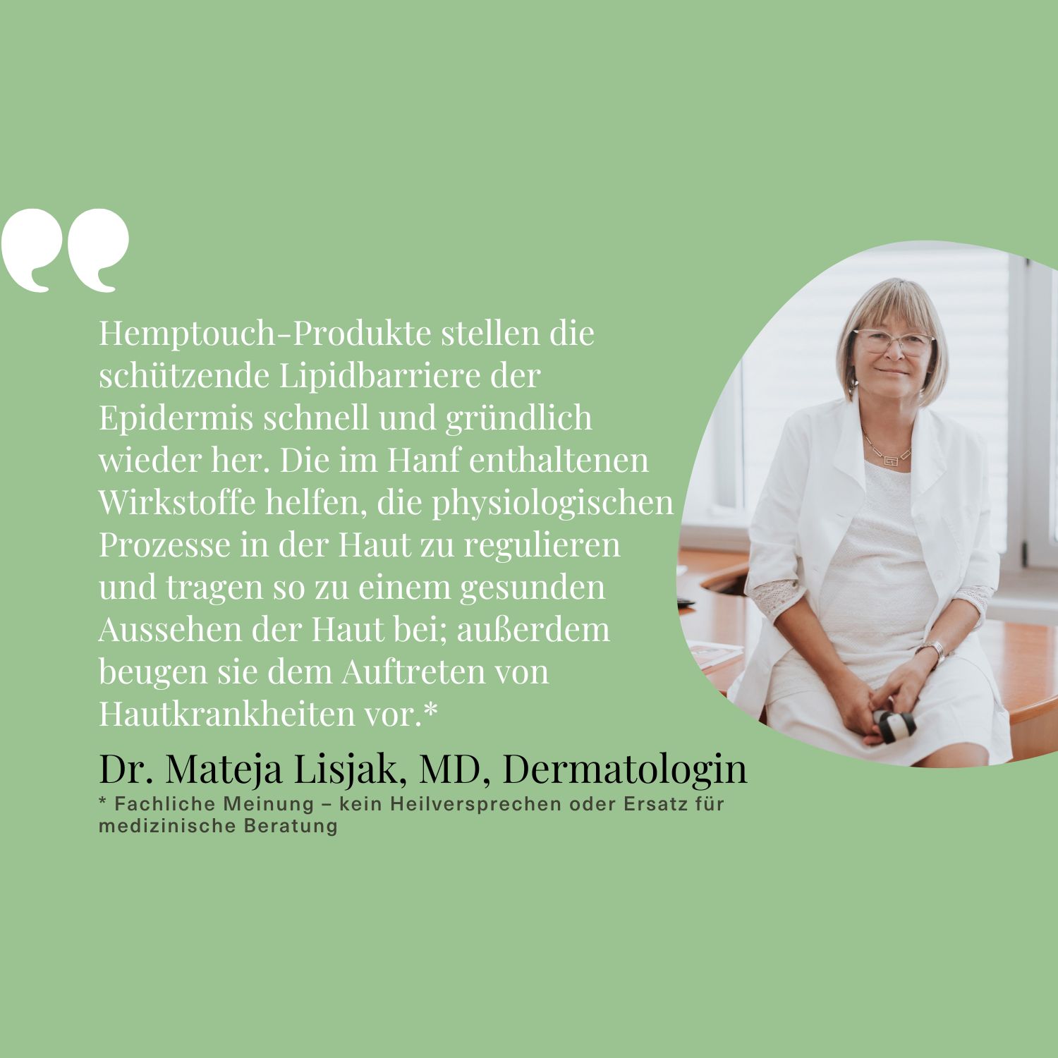 Frau im weißen Blazer. Text: Hemptouch-Produkte stellen die schützende Lipidbarriere der Epidermis schnell wieder her.