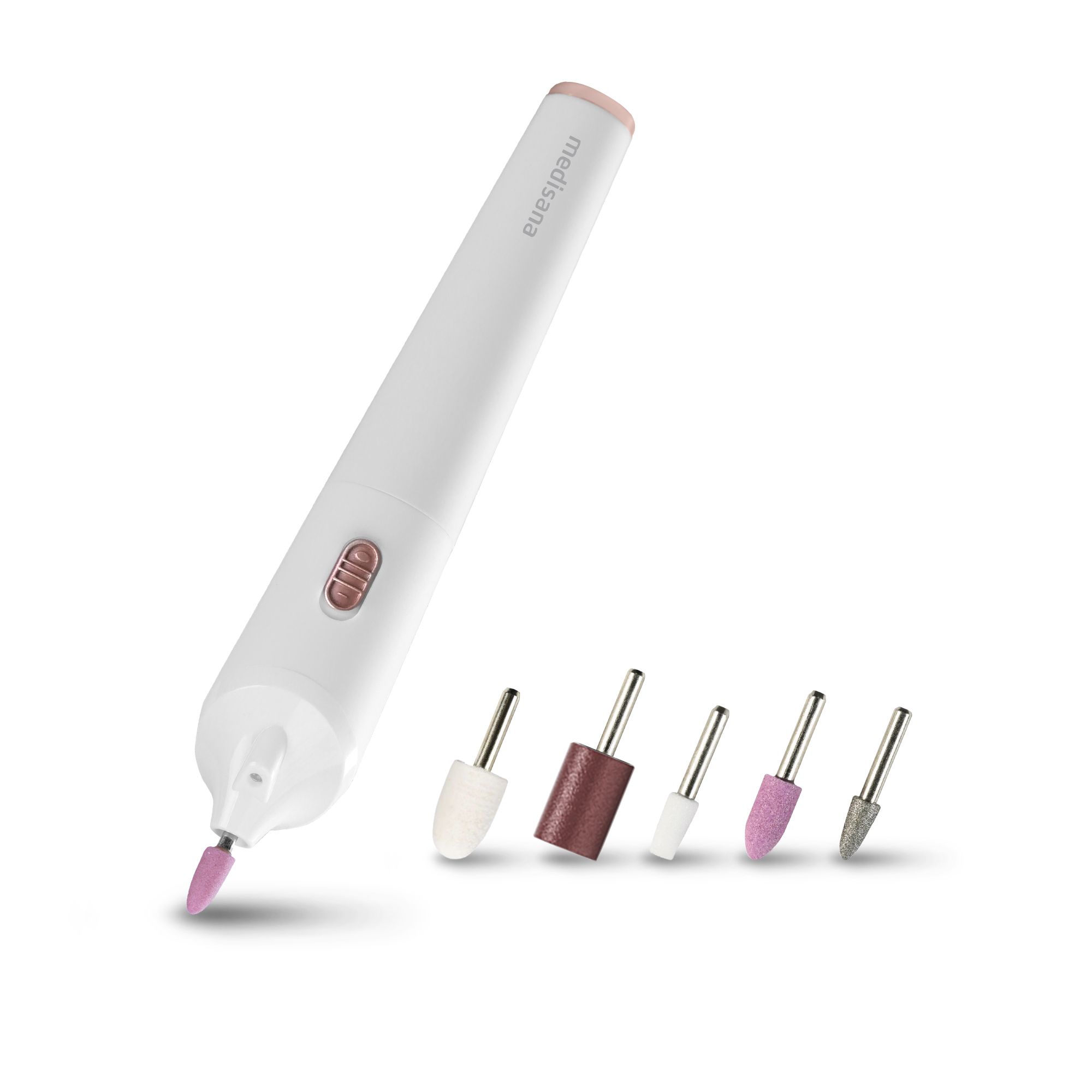 Weißes Maniküre-/Pediküre-Set mit rosa Akzenten und Aufsätzen. Das Set enthält eine elektrische Feile und mehrere Schleifköpfe.