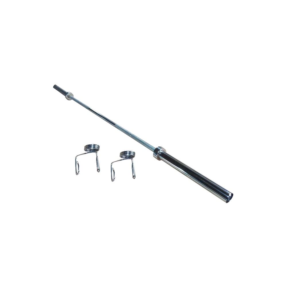 Langhantelstange aus Metall mit zwei Federverschlüssen. Die Stange ist silberfarben und hat eine glatte Oberfläche. Die Verschlüsse sind ebenfalls silberfarben.