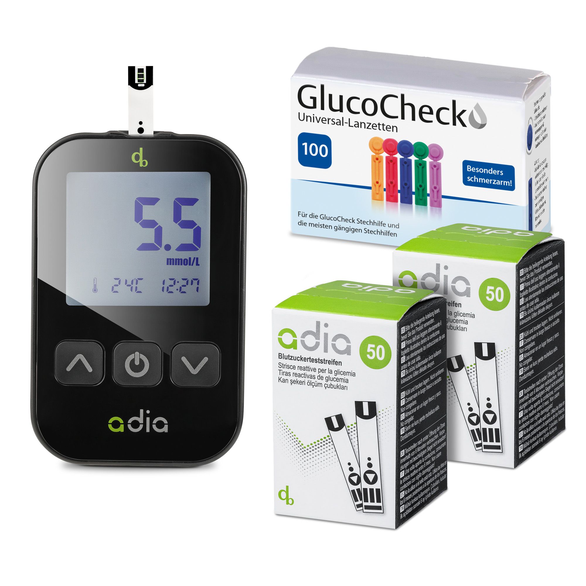 adia Blutzuckermessgerät (mmol/L) Set + 110 Blutzuckerteststreifen + 110 Lanzetten