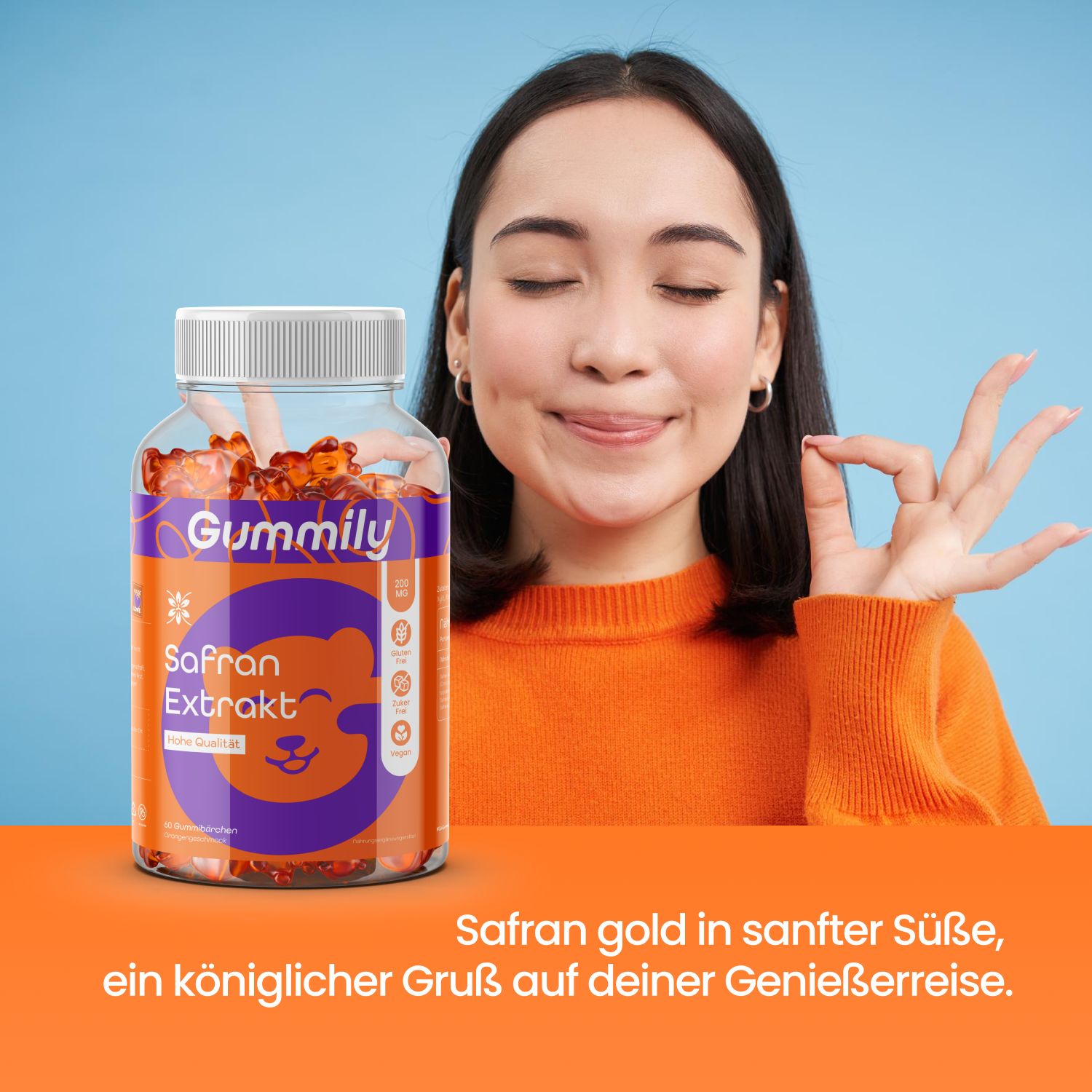 Frau hält Gummibärchen. Flasche mit Produktname und Logo. Text: Safran gold in sanfter Süße, ein königlicher Gruß.