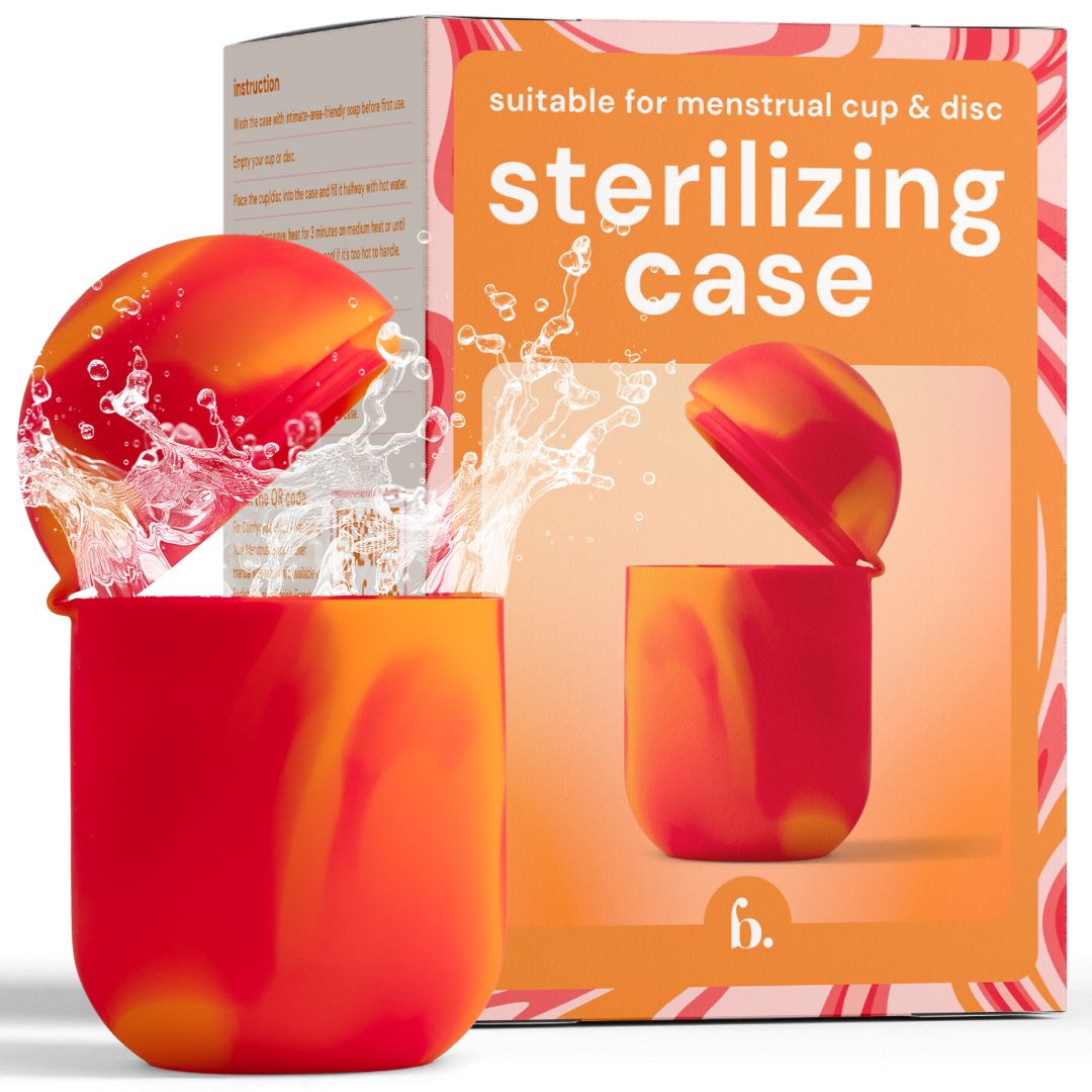 Rotes und gelbes Sterilisier- und Aufbewahrungsetui für Discs/Tassen, mikrowellengeeignet.