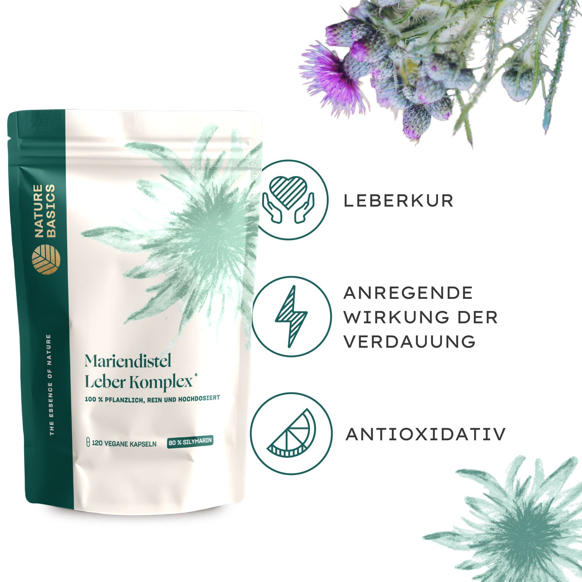 Produktverpackung mit Mariendistel Komplex Kapseln. Grafiken: Leberkur, anregende Wirkung der Verdauung, antioxidativ. Mariendistelblüten.