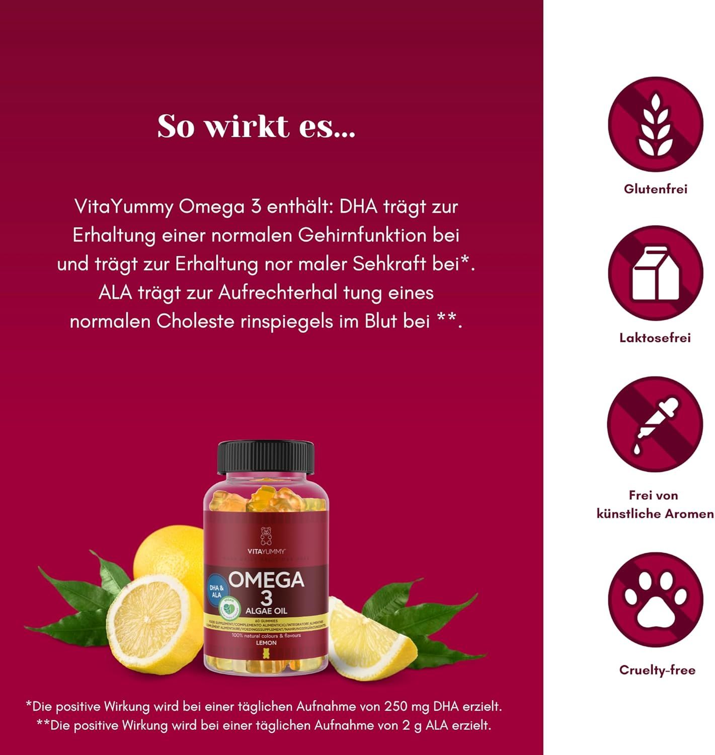 Flasche mit Omega 3 Algenöl Gummibärchen, Zitronen und Text. Aufschrift: VITAYUMMY, Omega 3, Algenöl, Zitrone. Glutenfrei, laktosefrei, ohne künstliche Aromen.