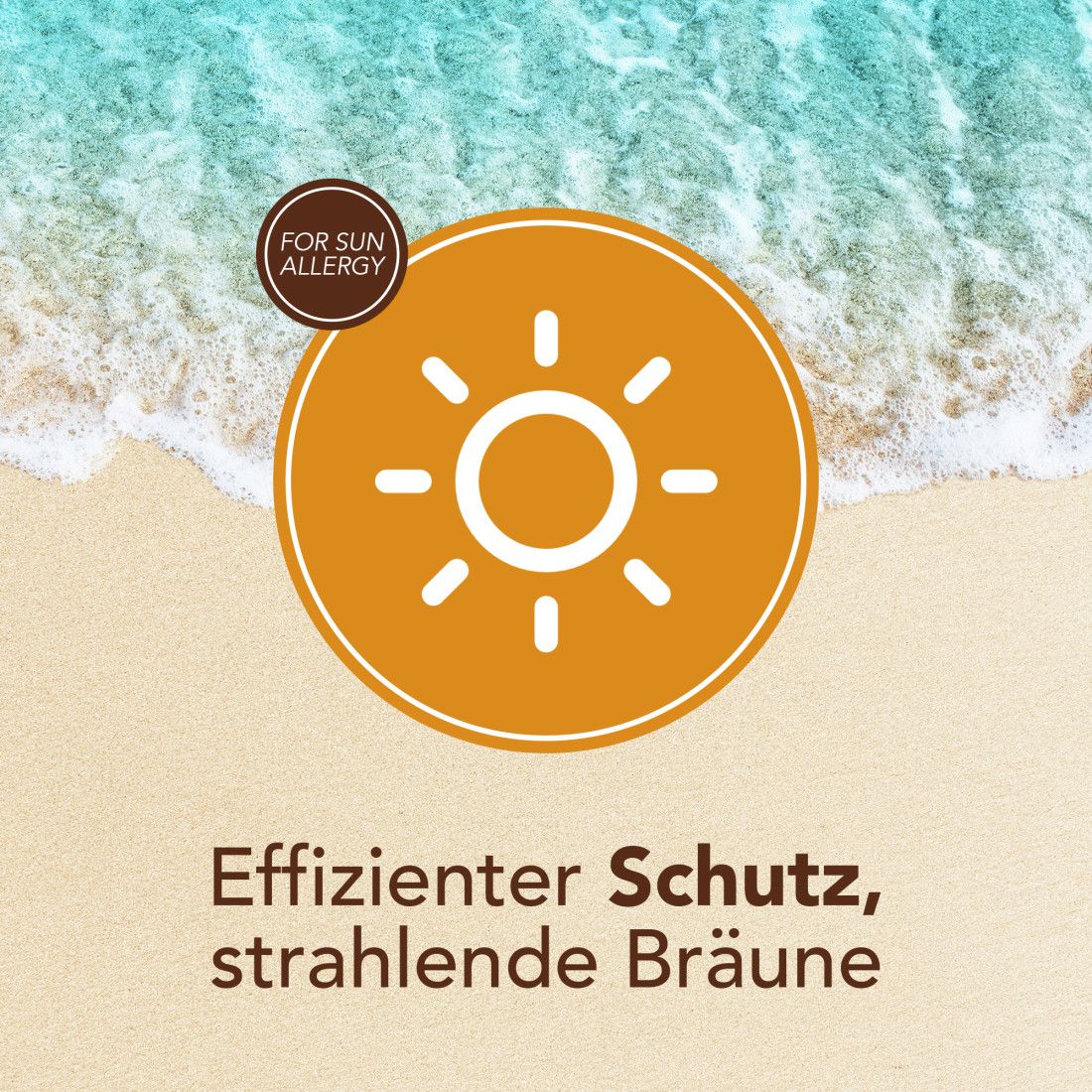 Rundes Logo mit Sonne und Text: Für Sonnenallergie. Text: Effizienter Schutz, strahlende Bräune.