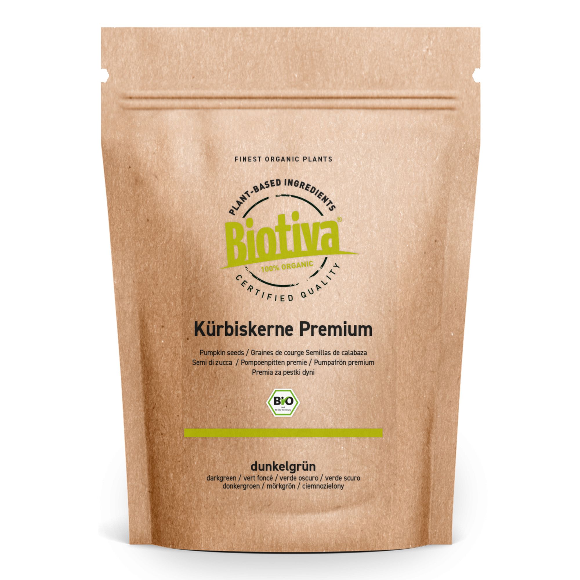 Biotiva Kürbiskerne Premium dunkelgrün Bio in brauner Papiertüte.