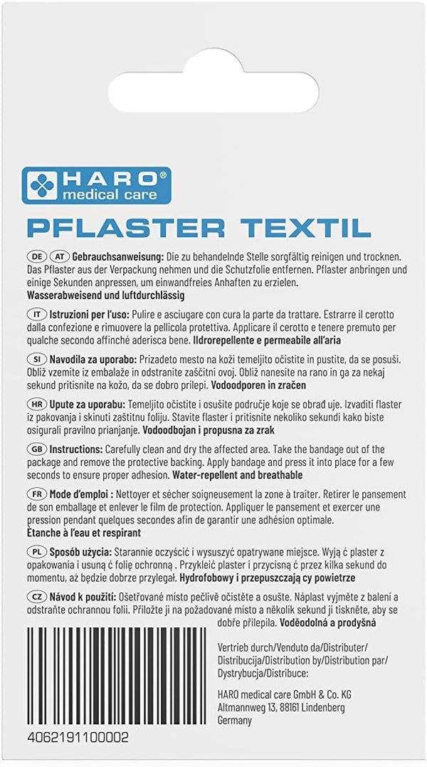 Rückseite der Haro Pflaster textil Verpackung. Gebrauchsanweisung in mehreren Sprachen. Medizinprodukt.