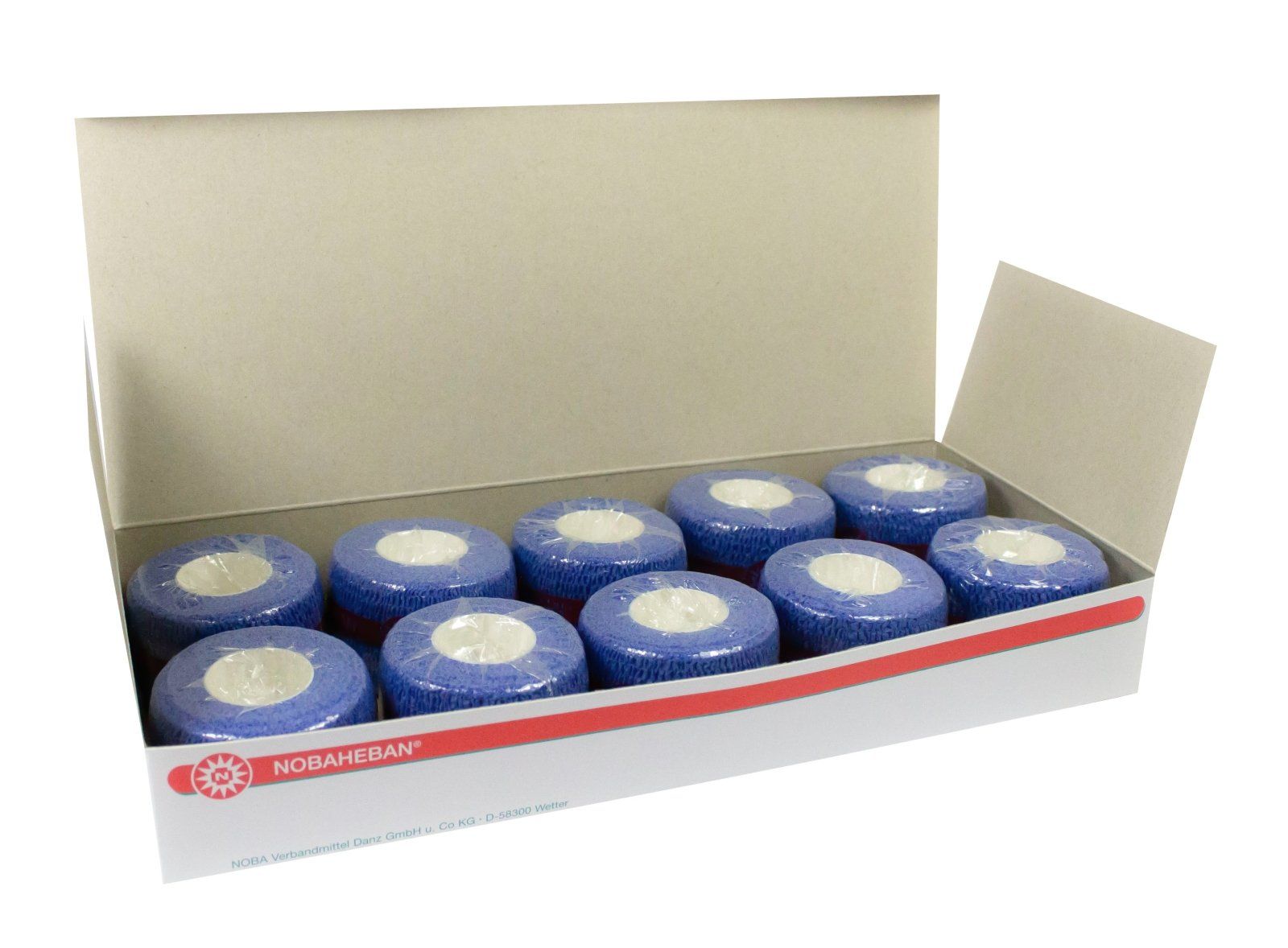 Geöffnete Schachtel mit 10 gerollten, blauen Kompressionsbinden. Weiße Innenverpackung.