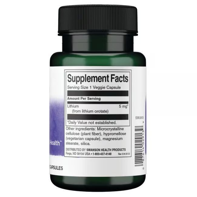 Rückseite einer grünen Flasche. Weißes Etikett mit Nährwertangaben. Enthält Lithium 5 mg pro Kapsel.
