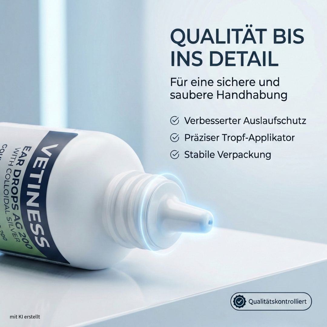 Nahaufnahme der Flaschenspitze. Text: Vetiness Ear Drops AG 200 with colloidal silver. Qualität bis ins Detail. Verbesserter Auslaufschutz.