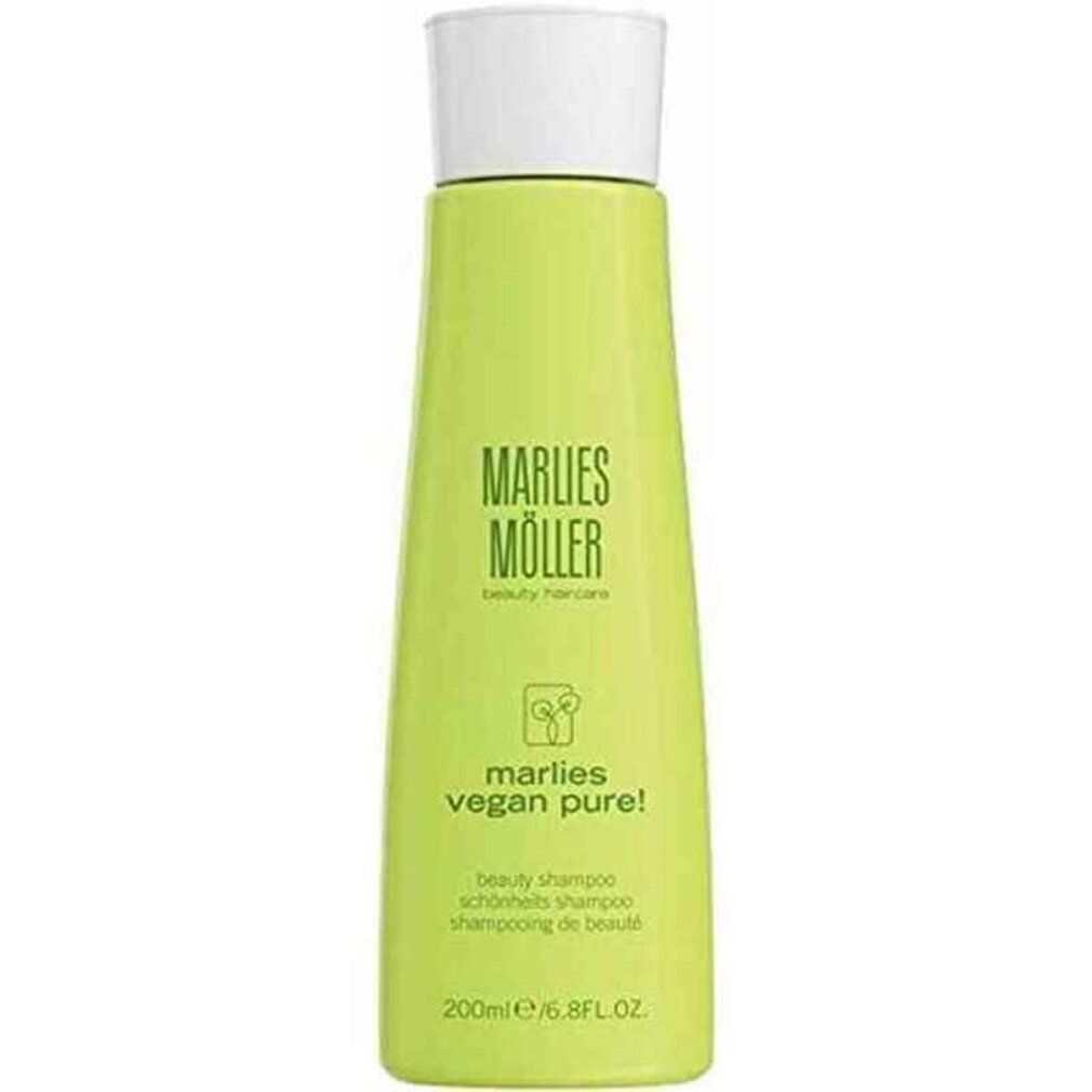 Grüne Flasche mit weißem Deckel. Aufschrift: Marlies Möller, vegan pure! Beauty Shampoo.