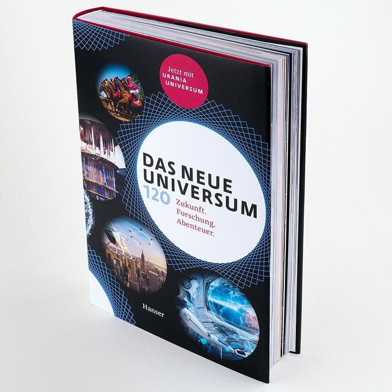 Buch "Das neue Universum 120" in Schrägansicht. Schwarzer Einband, roter Buchschnitt. Titel und Illustrationen auf dem Cover sichtbar.