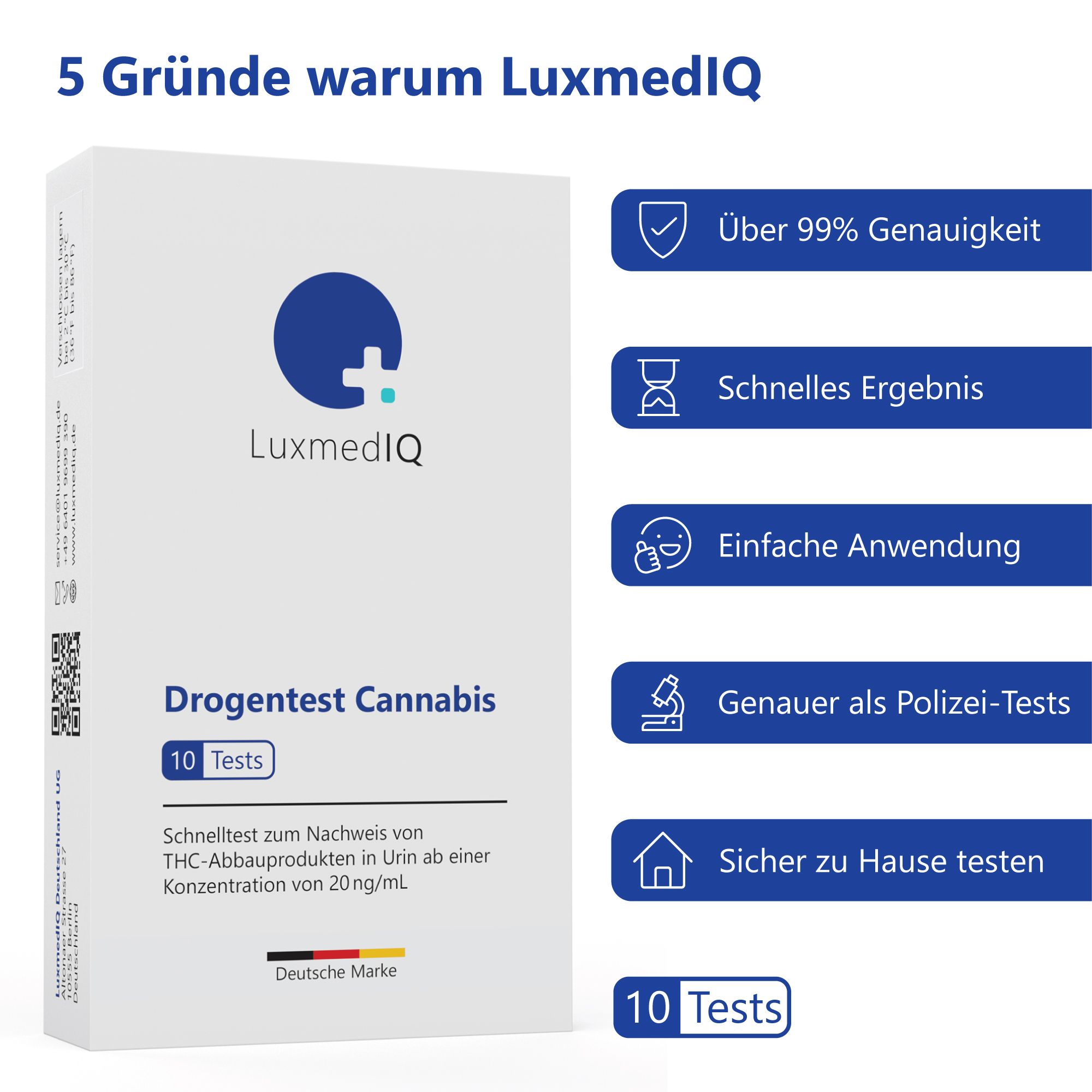 LuxmedIQ Drogentest Cannabis Verpackung. 5 Vorteile: Genauigkeit, schnelles Ergebnis, einfache Anwendung, genauer als Polizei-Tests, sicher zu Hause.