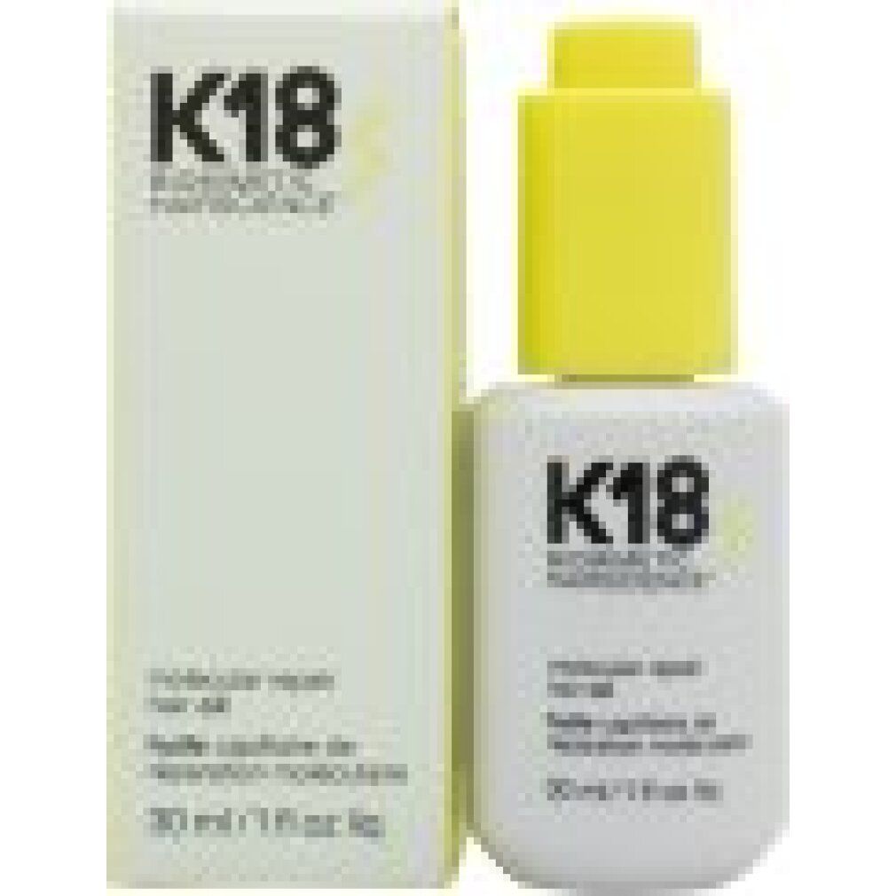 K18 Olio Riparatore Molecolare für Capelli in Verpackung. Flasche mit gelbem Deckel. Text: 30 ml / 1 fl oz liq.