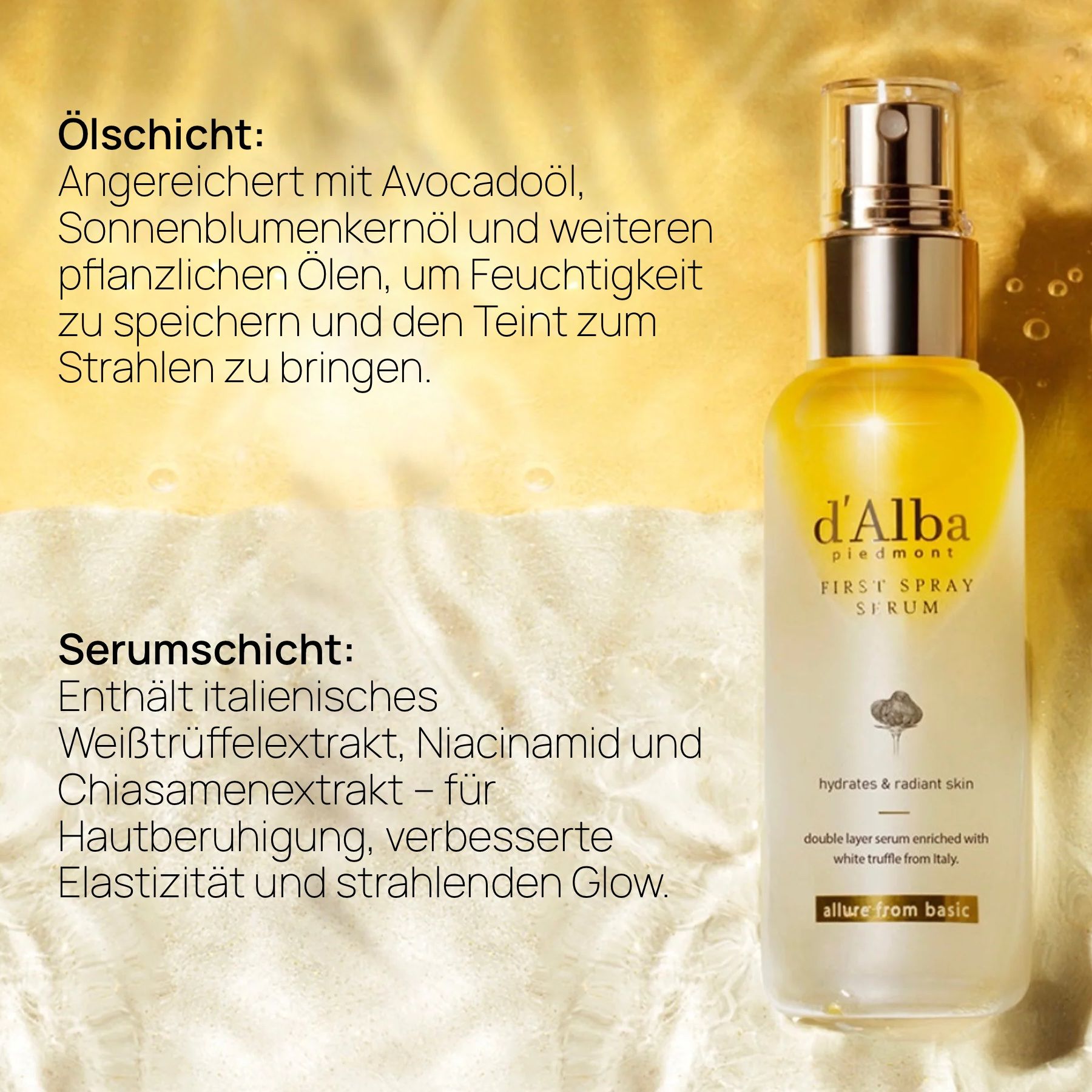 Produkt mit Sprühkopf und Text. Text: d'Alba, First Spray Serum. Text: Ölschicht, Serumschicht. Enthält italienischen Weißtrüffelextrakt.